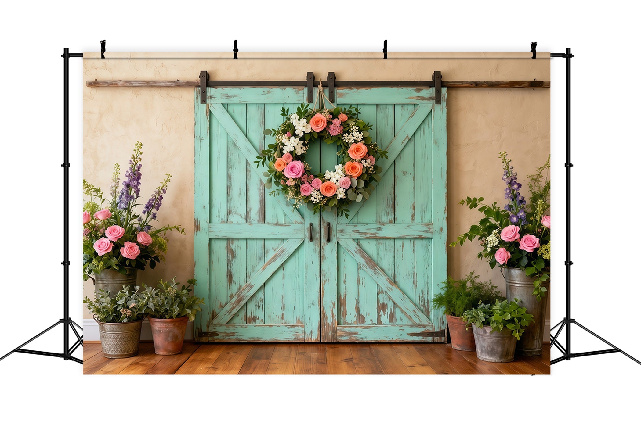 Farmhouse Chic Mother's Day Backdrop Distressed Teal Barn Door Wreath Mother's Day Picture Backdrop UK LXX63-44