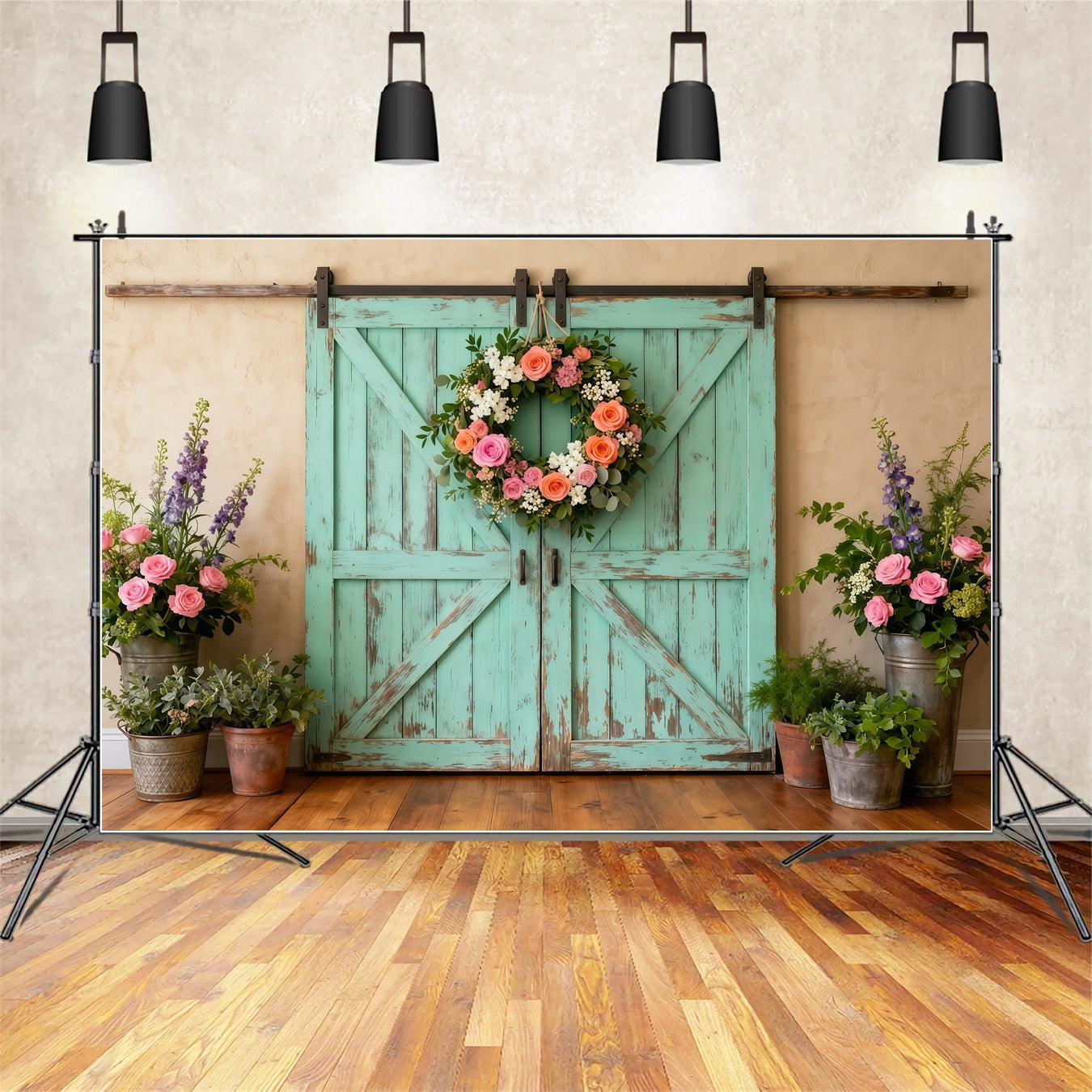 Farmhouse Chic Mother's Day Backdrop Distressed Teal Barn Door Wreath Mother's Day Picture Backdrop UK LXX63-44
