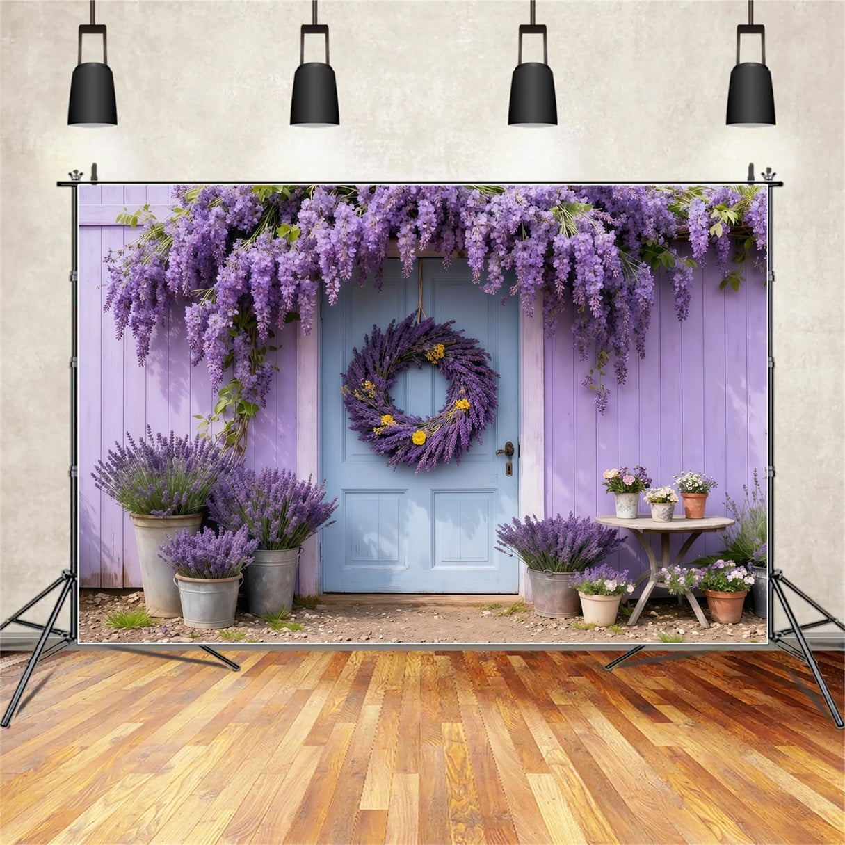 Lavender Bouquet Mother's Day Backdrop Purple Floral Wreath Blue Door Backdrop Mothers Day UK LXX63-45