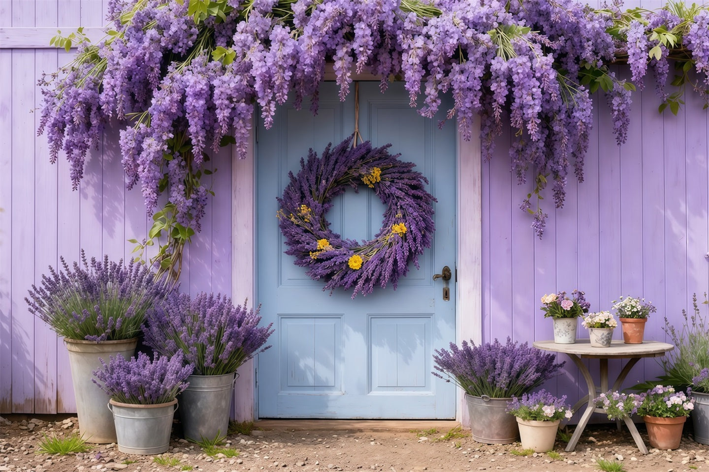 Lavender Bouquet Mother's Day Backdrop Purple Floral Wreath Blue Door Backdrop Mothers Day UK LXX63-45