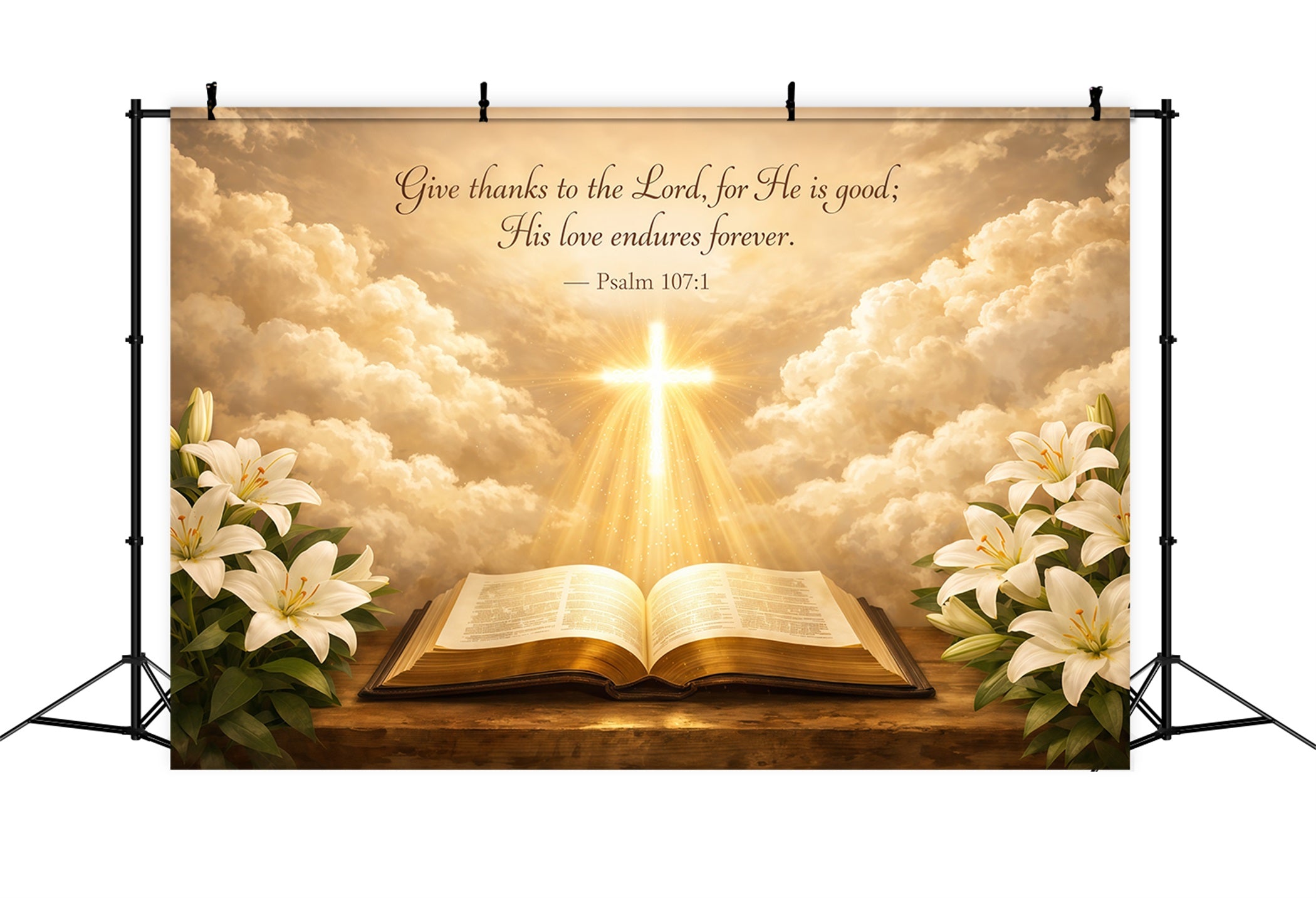 Mother's Day Backdrop Ideas For Church Golden Light Cross Lily Clouds Happy Mothers Day Photo Backdrop UK LXX63-50