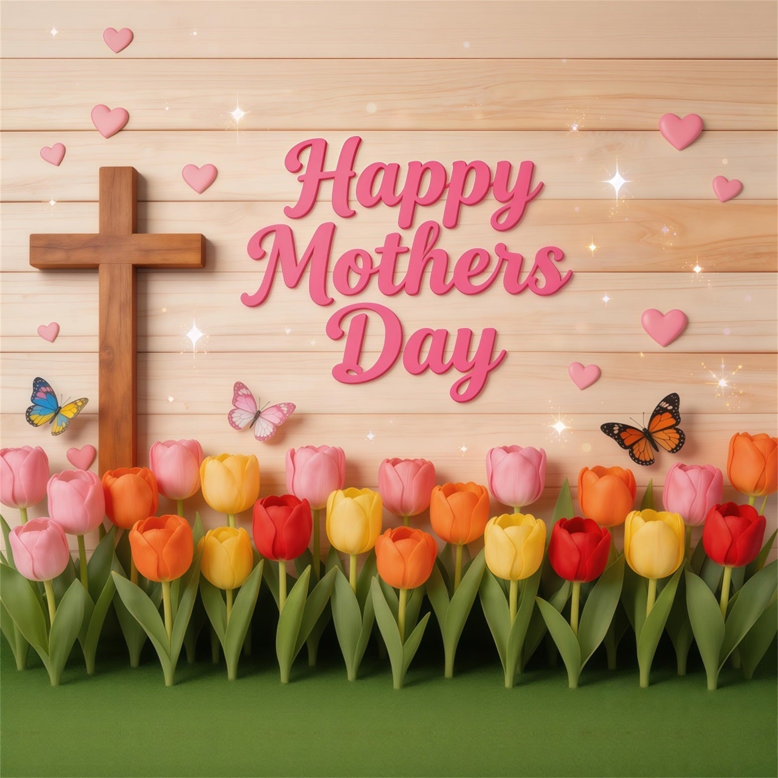 Mother's Day Photo Backdrop Church Tulip Butterfly Wooden Cross Backdrops For Mothers Day UK LXX63-51