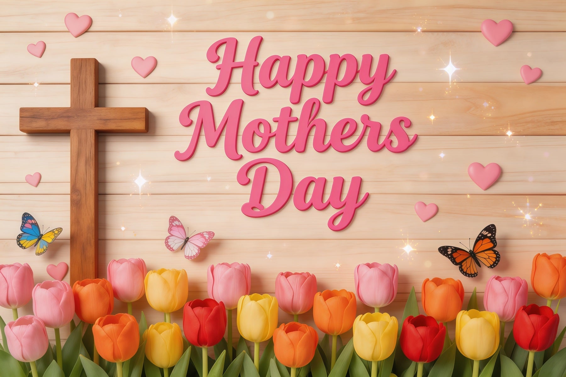 Mother's Day Photo Backdrop Church Tulip Butterfly Wooden Cross Backdrops For Mothers Day UK LXX63-51
