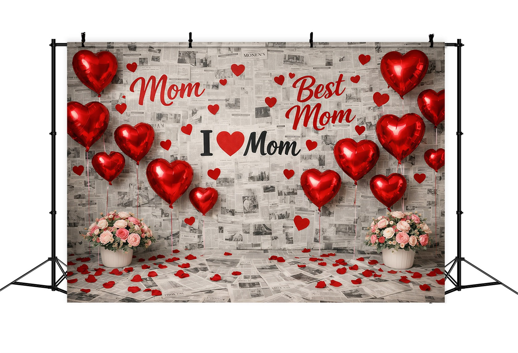 Mother's Day Backdrop For School Red Heart Balloon Newspaper Collage Happy Mothers Day Backdrops UK LXX63-53