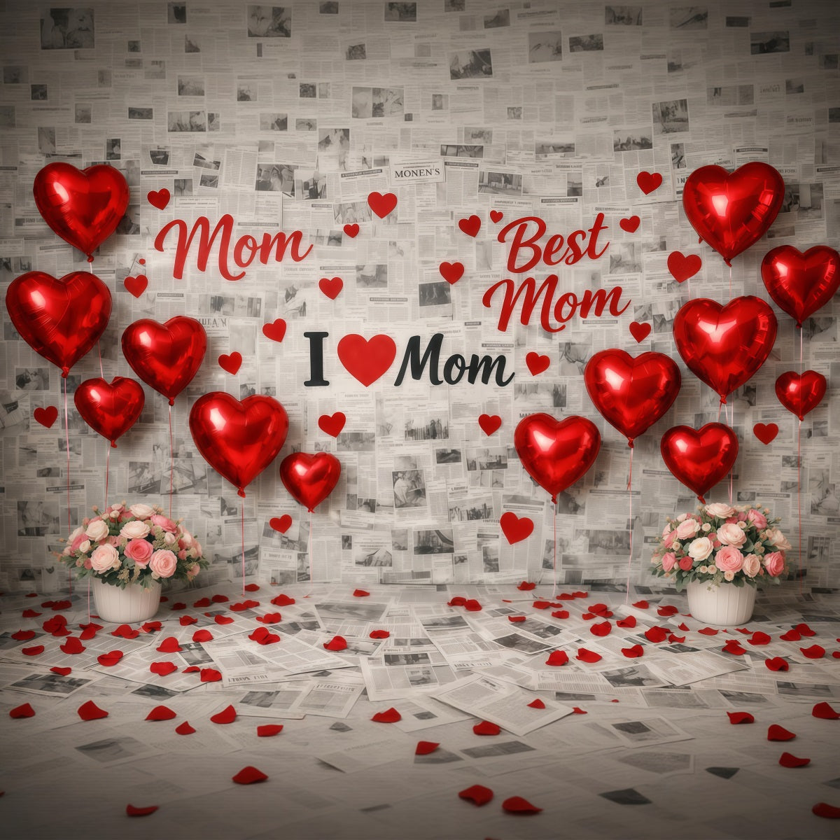 Mother's Day Backdrop For School Red Heart Balloon Newspaper Collage Happy Mothers Day Backdrops UK LXX63-53