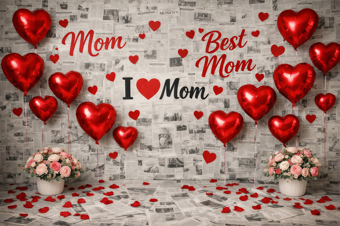 Mother's Day Backdrop For School Red Heart Balloon Newspaper Collage Happy Mothers Day Backdrops UK LXX63-53