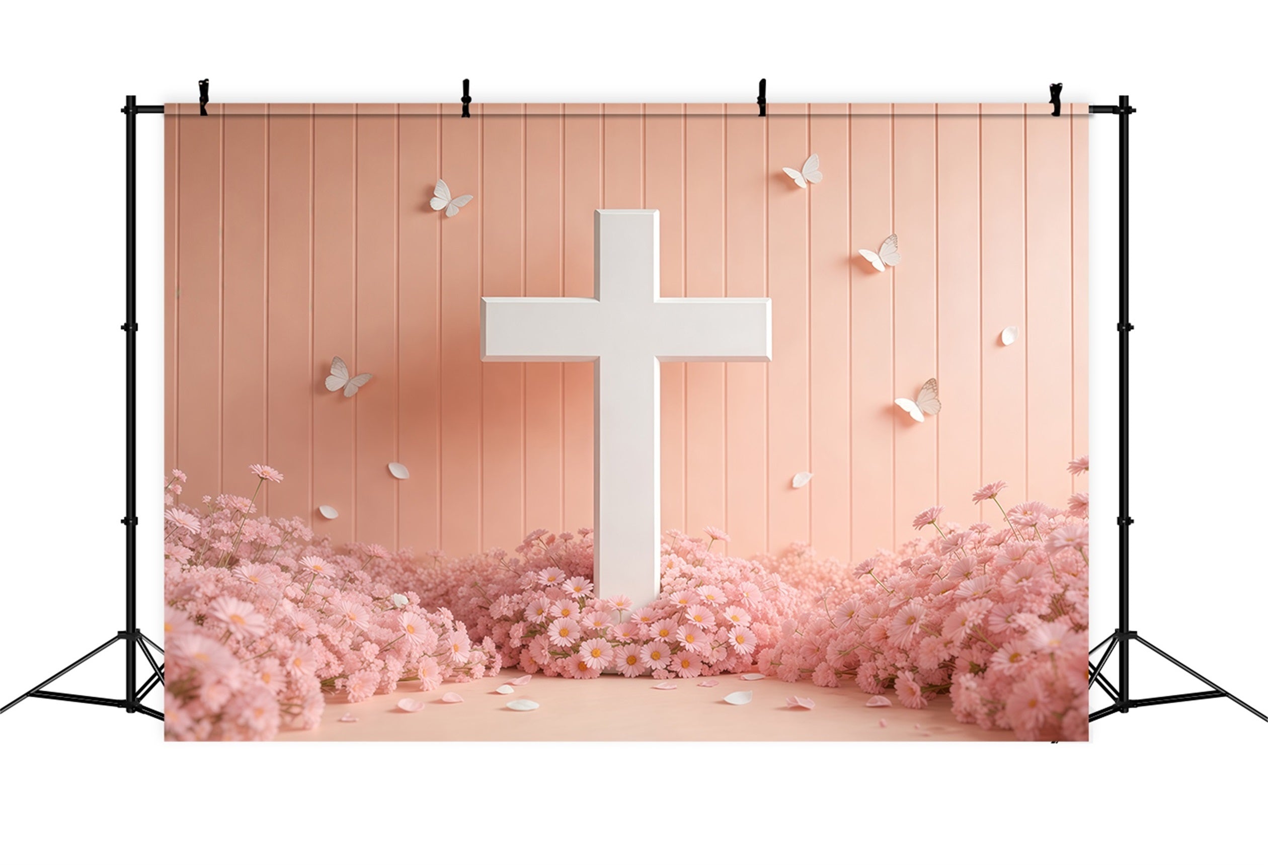 Mother's Day Backdrop Church White Cross Pink Daisy Butterfly Mother Day Photo Backdrops UK LXX63-54