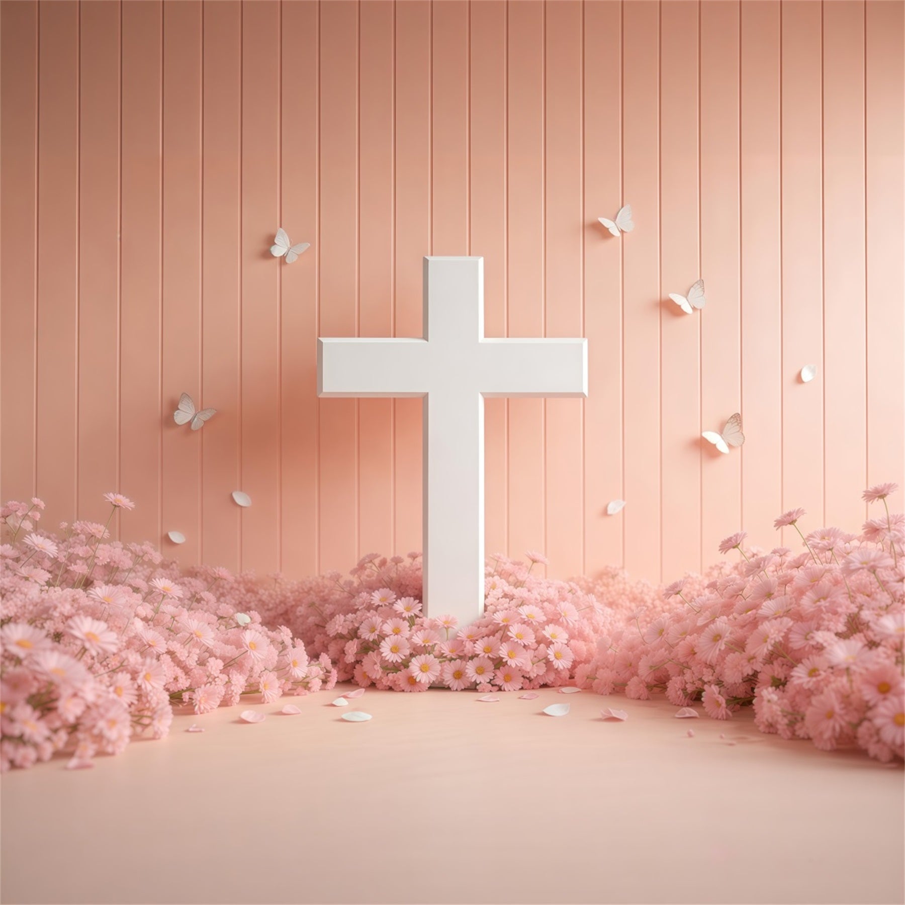 Mother's Day Backdrop Church White Cross Pink Daisy Butterfly Mother Day Photo Backdrops UK LXX63-54