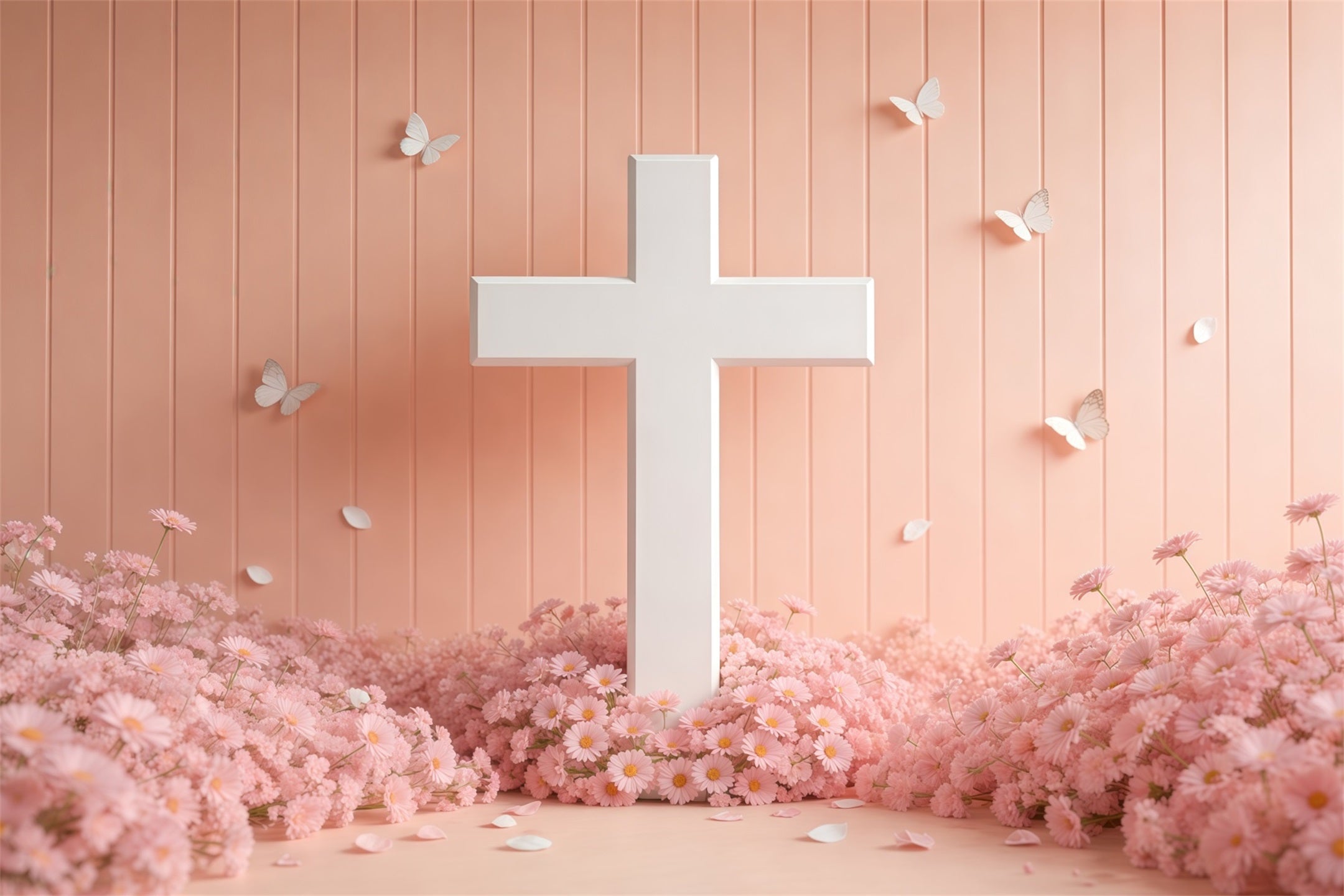 Mother's Day Backdrop Church White Cross Pink Daisy Butterfly Mother Day Photo Backdrops UK LXX63-54