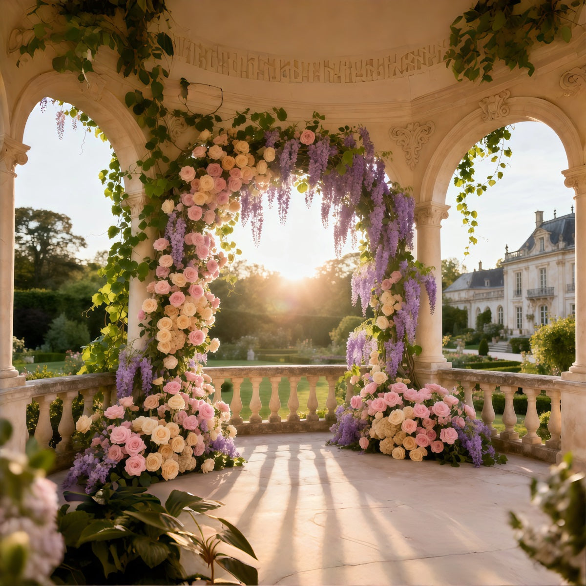 Floral Mother's Day Backdrop Ideas Column Arch Sunset Rose Wisteria Backdrop Design For Mother's Day UK LXX63-57