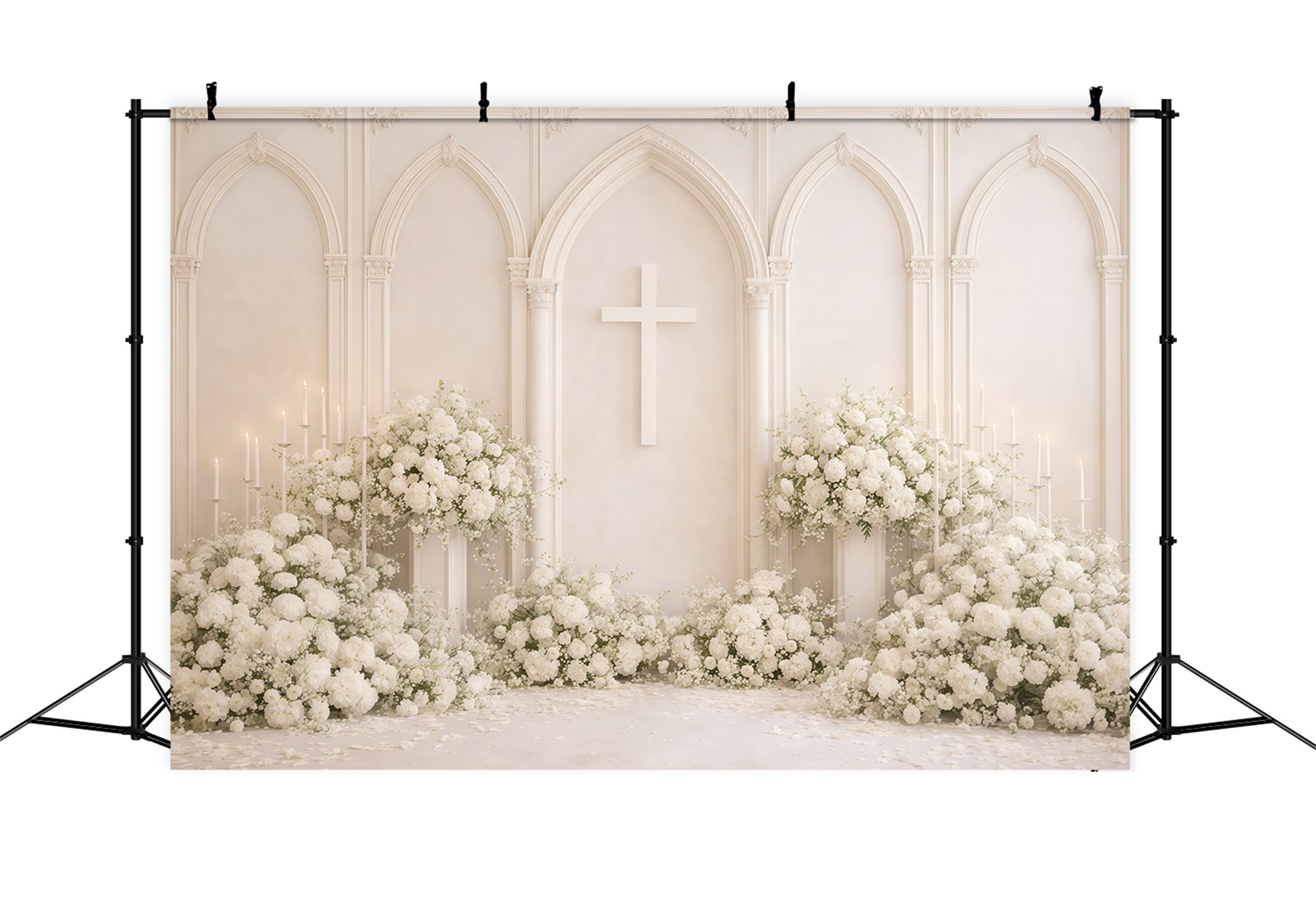 Mothers Day Backdrop Church White Floral Cross Arch Cathedral Elegance Mothersday Backdrop UK LXX63-62