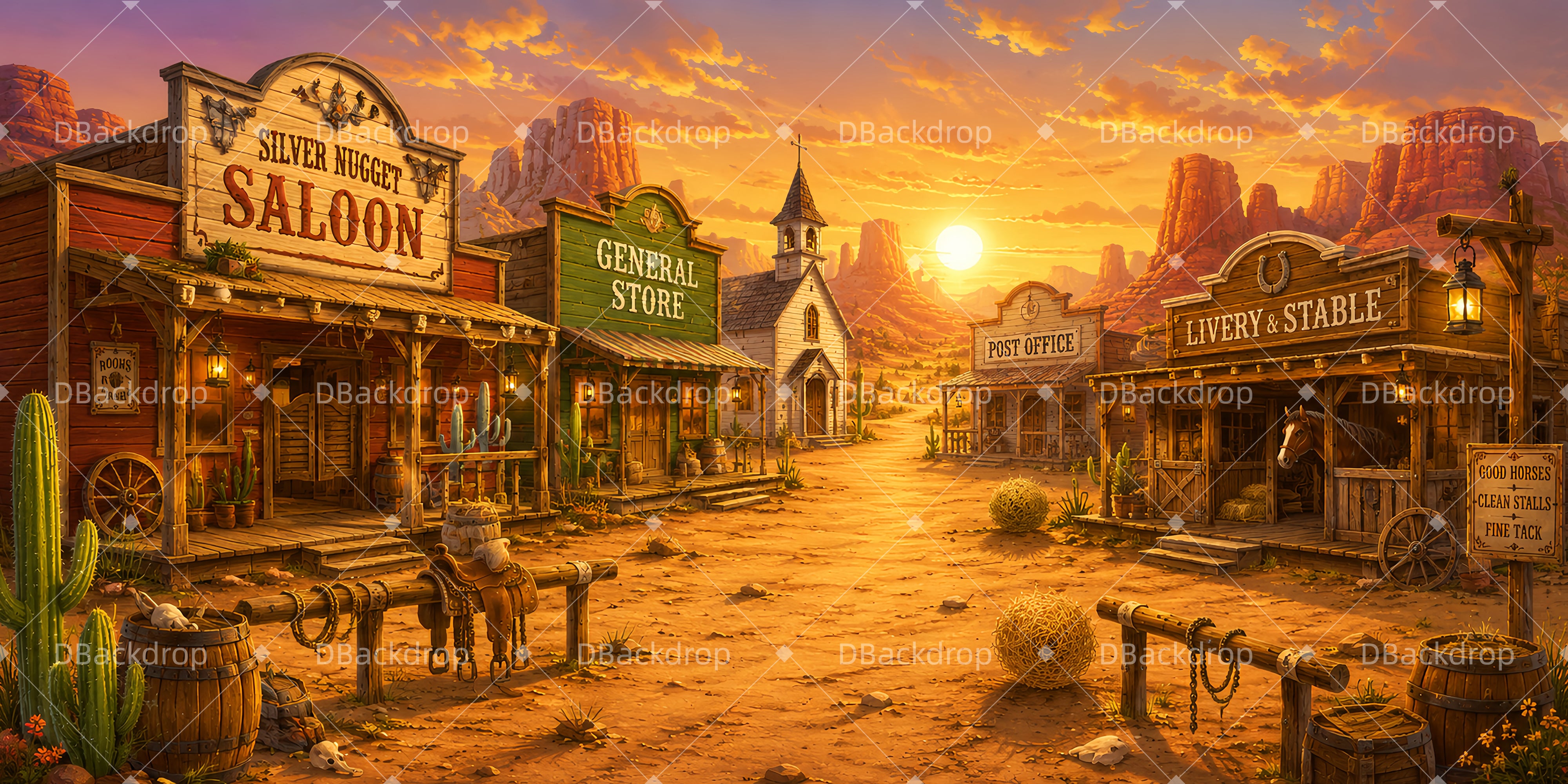 Western Town Backdrop Sunset Western Town VBS Backdrop UK LXX65-T2