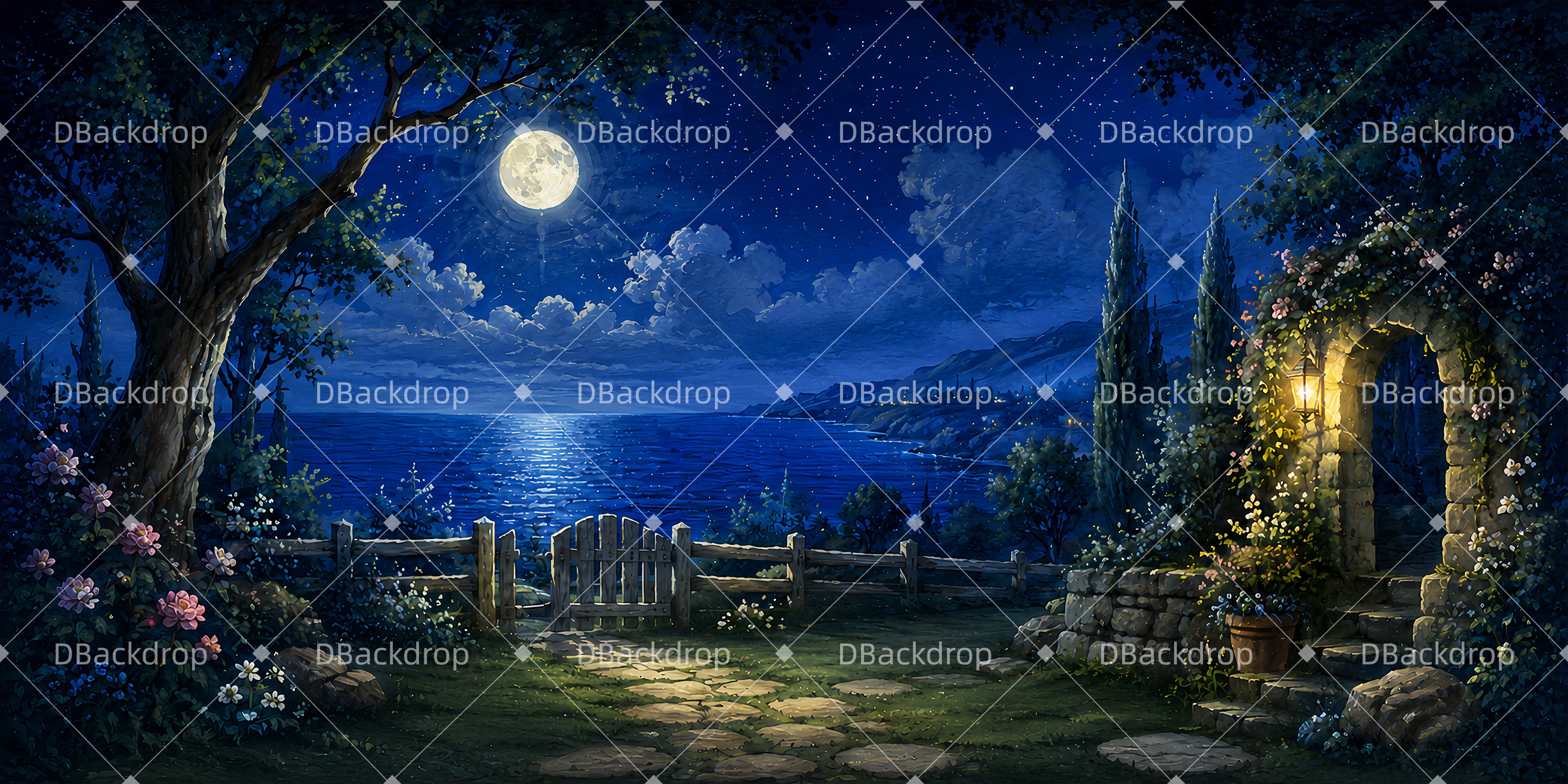 Stage Backdrop Moonlit Seaside Garden Theater Backdrops For Sale UK LXX65-T43