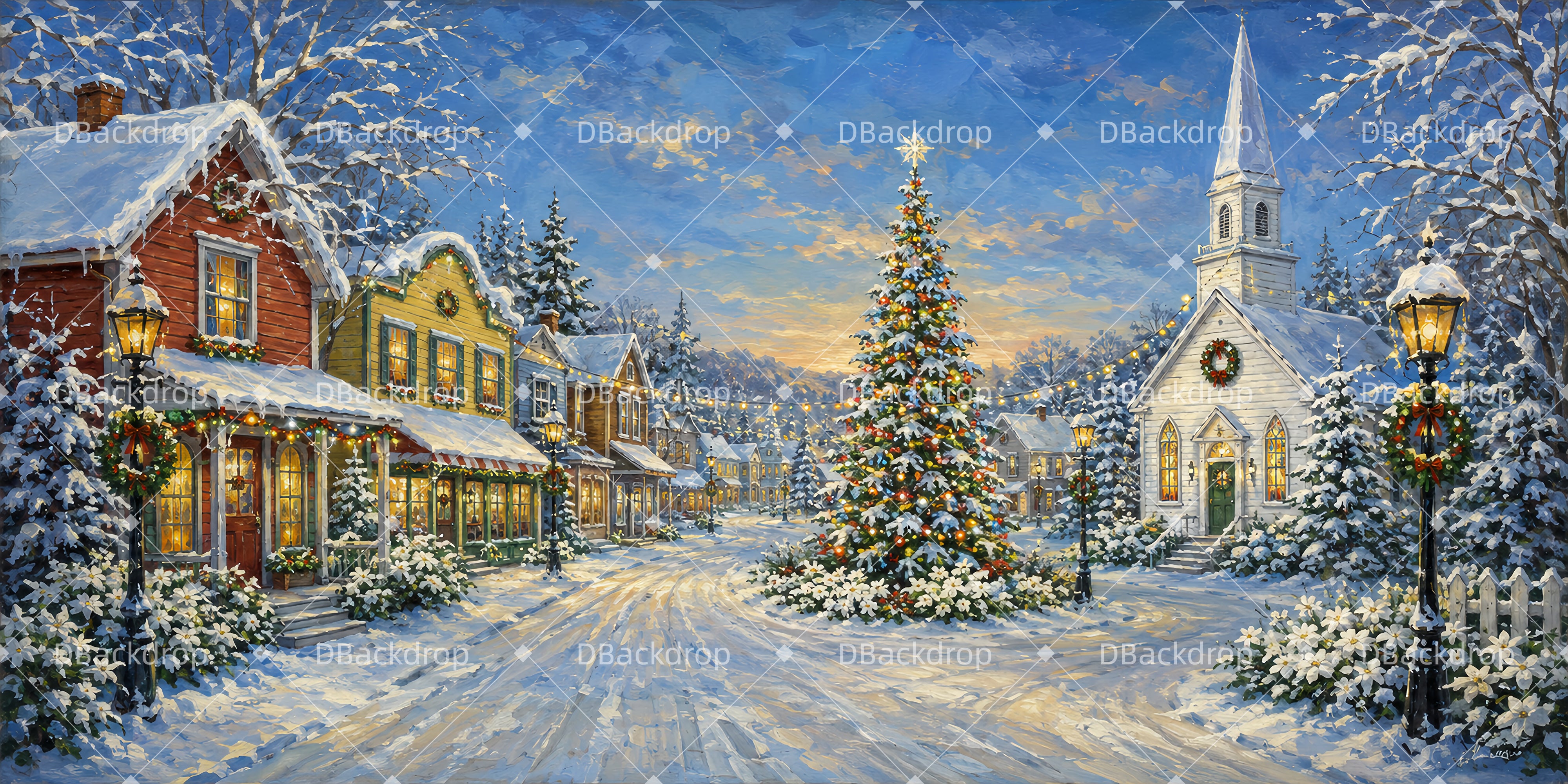 Christmas Stage Backdrops Snowy Village Square Theater UK Backdrop LXX66-T67