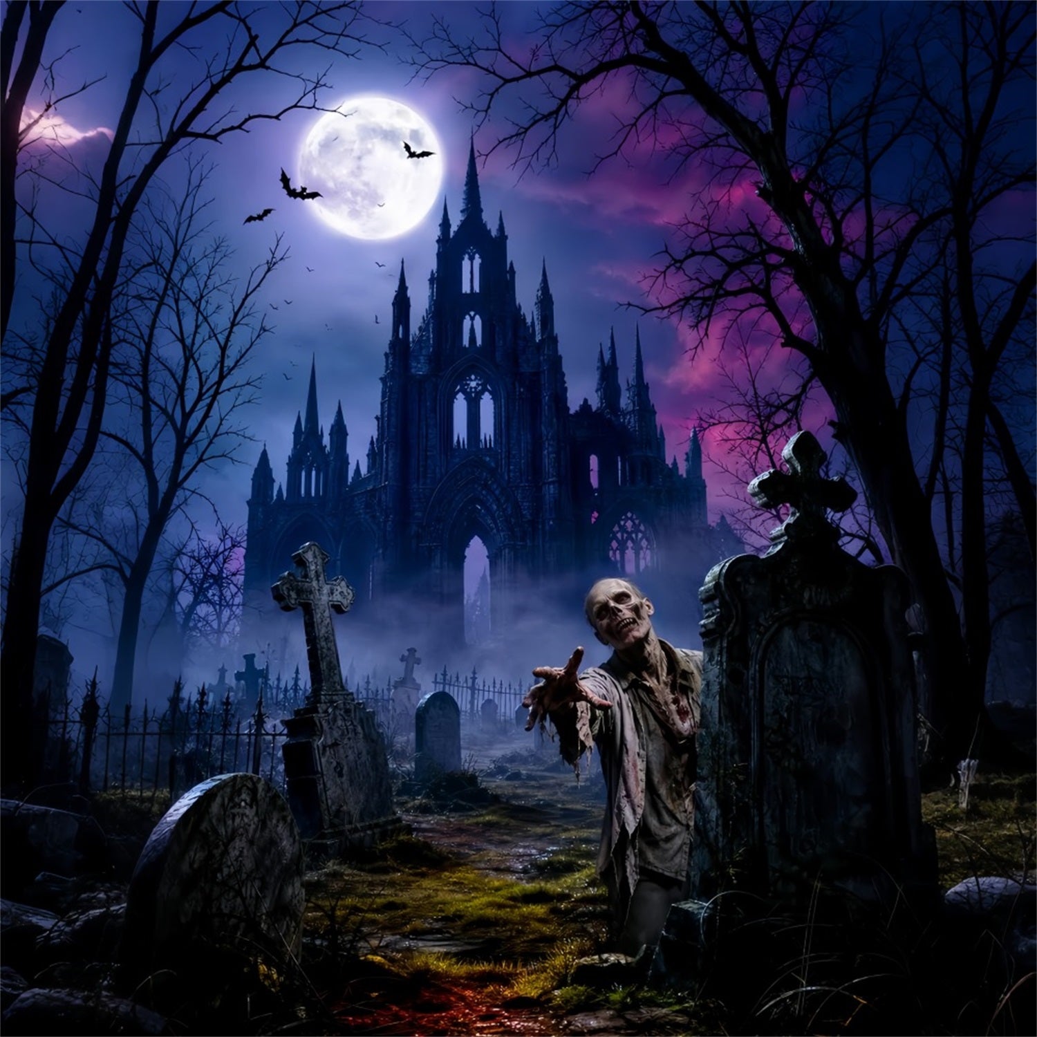 Halloween Party Picture Backdrop Moonlit Castle Zombie Graveyard Halloween UK LXX67-1