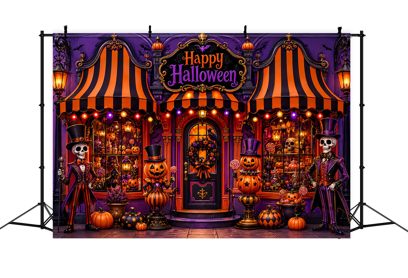 Halloween Backdrop Ideas DIY Skeleton Pumpkin Candy Shop Purple Halloween Backdrop UK LXX67-100
