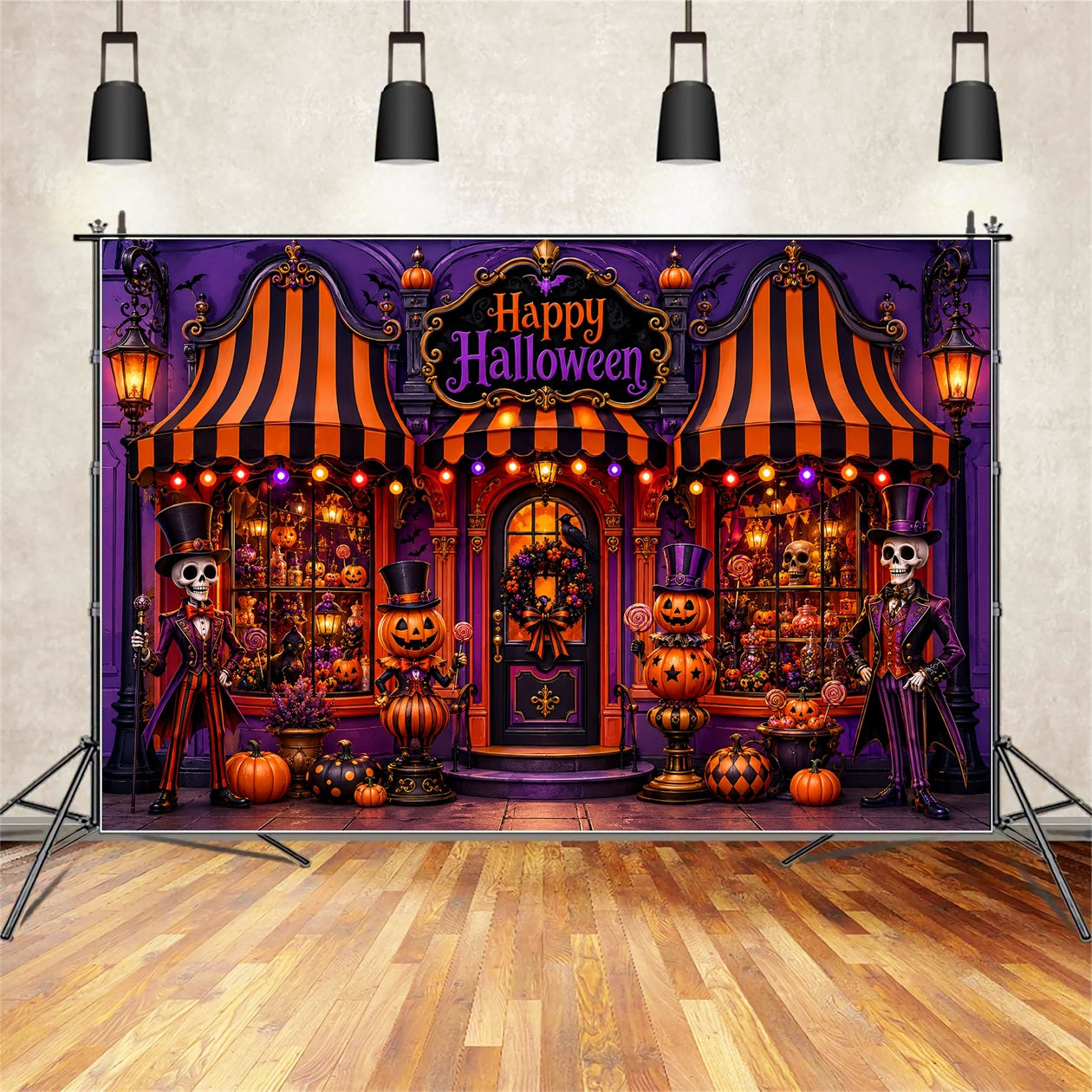 Halloween Backdrop Ideas DIY Skeleton Pumpkin Candy Shop Purple Halloween Backdrop UK LXX67-100
