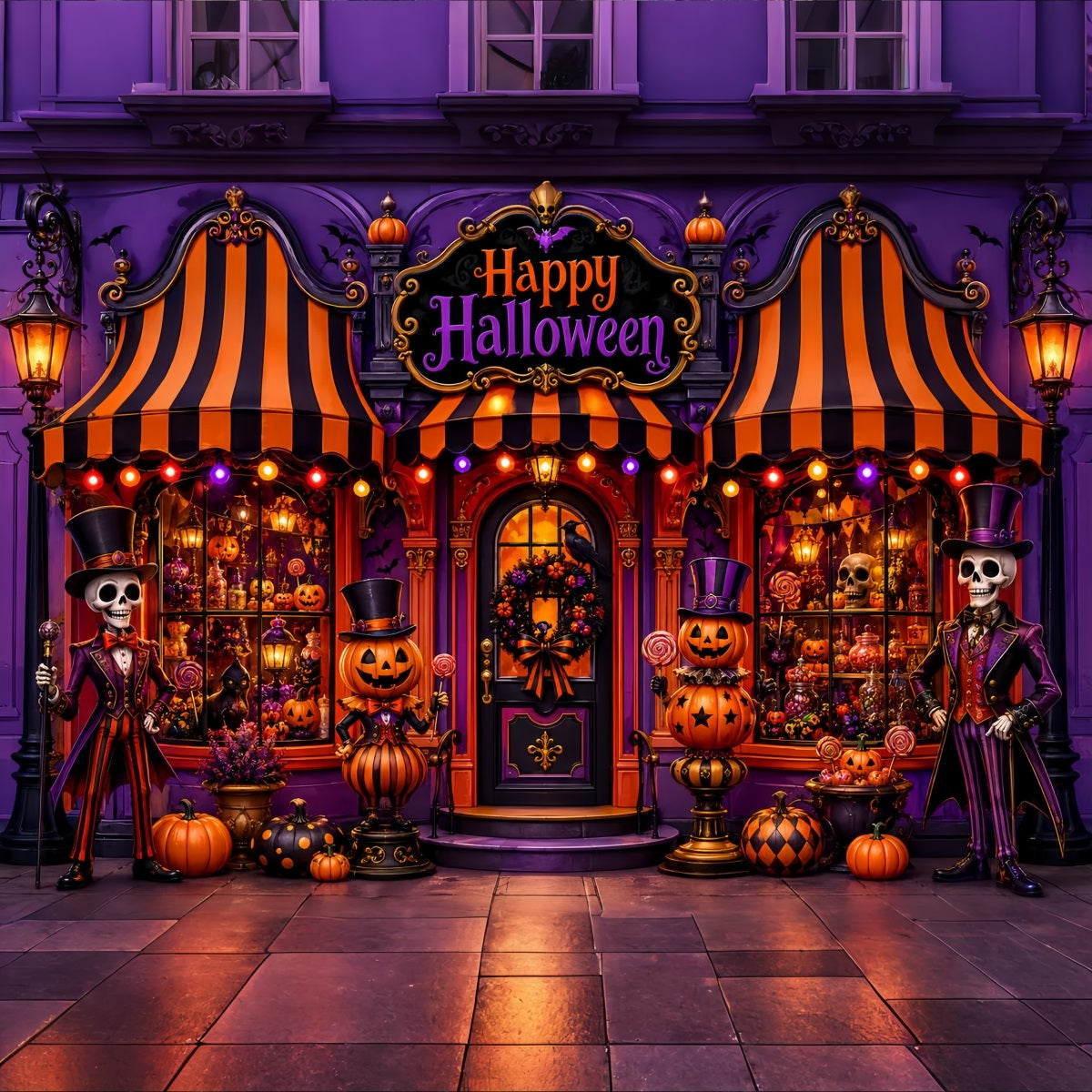 Halloween Backdrop Ideas DIY Skeleton Pumpkin Candy Shop Purple Halloween Backdrop UK LXX67-100