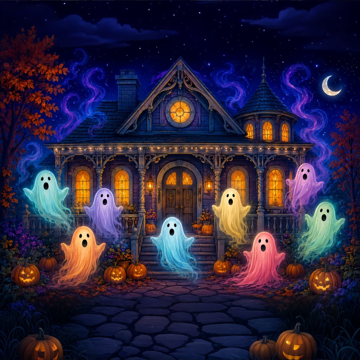Halloween Scene Backdrop Colorful Ghost Haunted House Backdrop For Halloween UK LXX67-102
