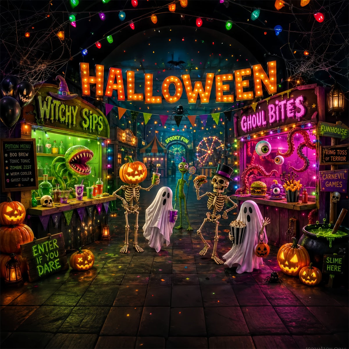 Halloween Party Backdrops Neon Monster Carnival Street Halloween Photo Booth Backdrop UK LXX67-114