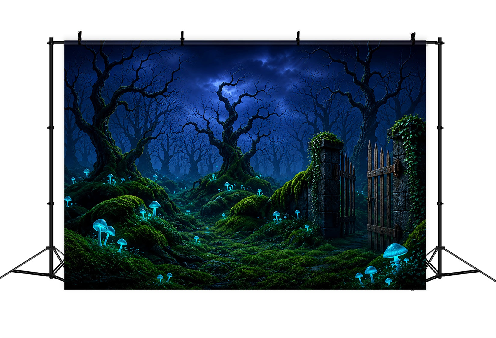 Halloween Moon Backdrop Glowing Mushroom Forest Gate Halloween Photo Backdrops UK LXX67-115