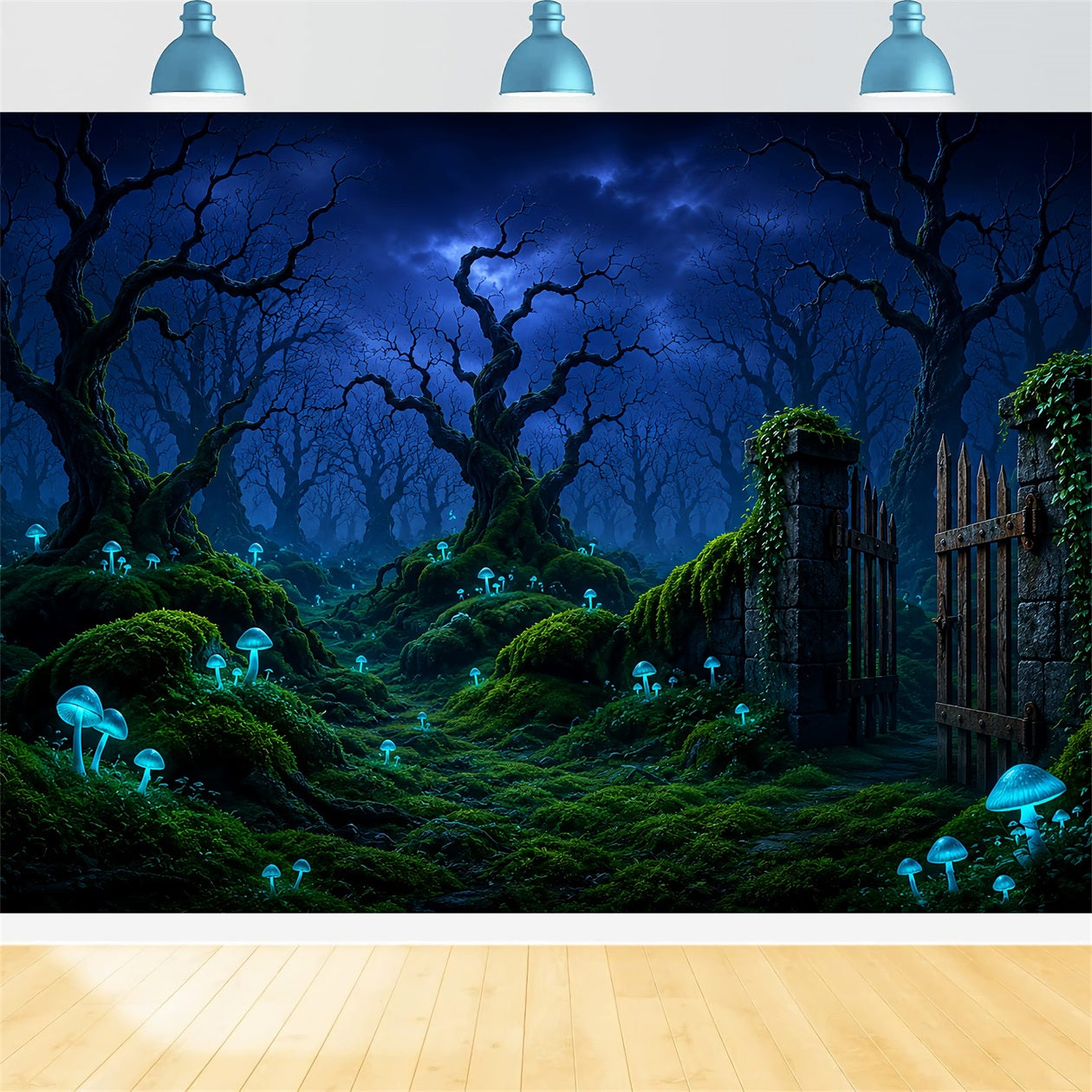 Halloween Moon Backdrop Glowing Mushroom Forest Gate Halloween Photo Backdrops UK LXX67-115