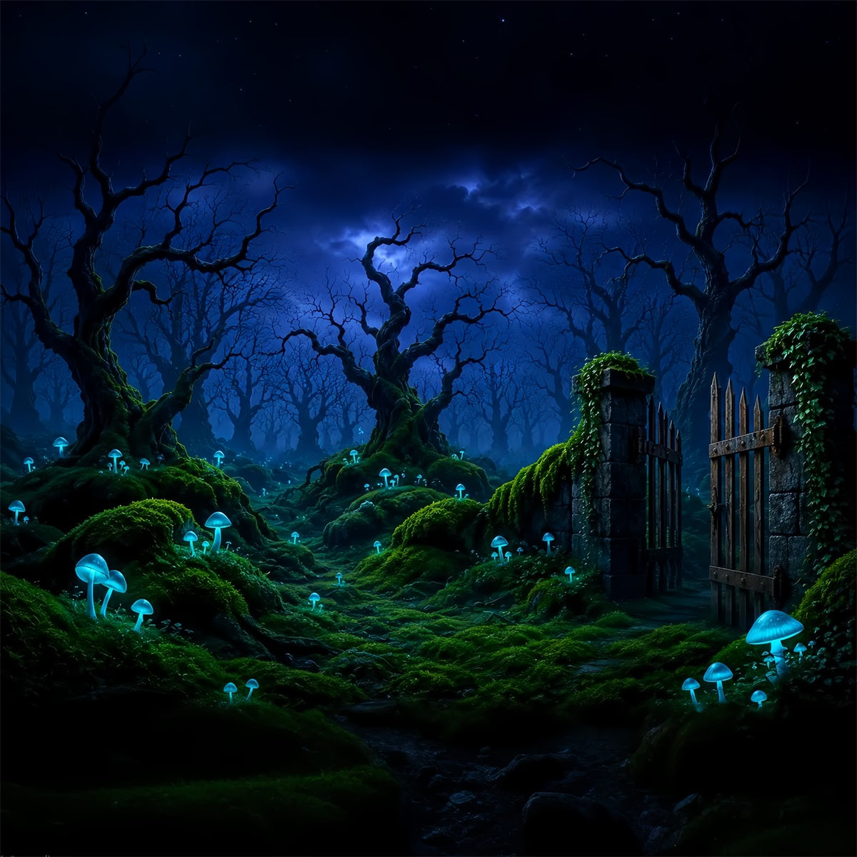 Halloween Moon Backdrop Glowing Mushroom Forest Gate Halloween Photo Backdrops UK LXX67-115