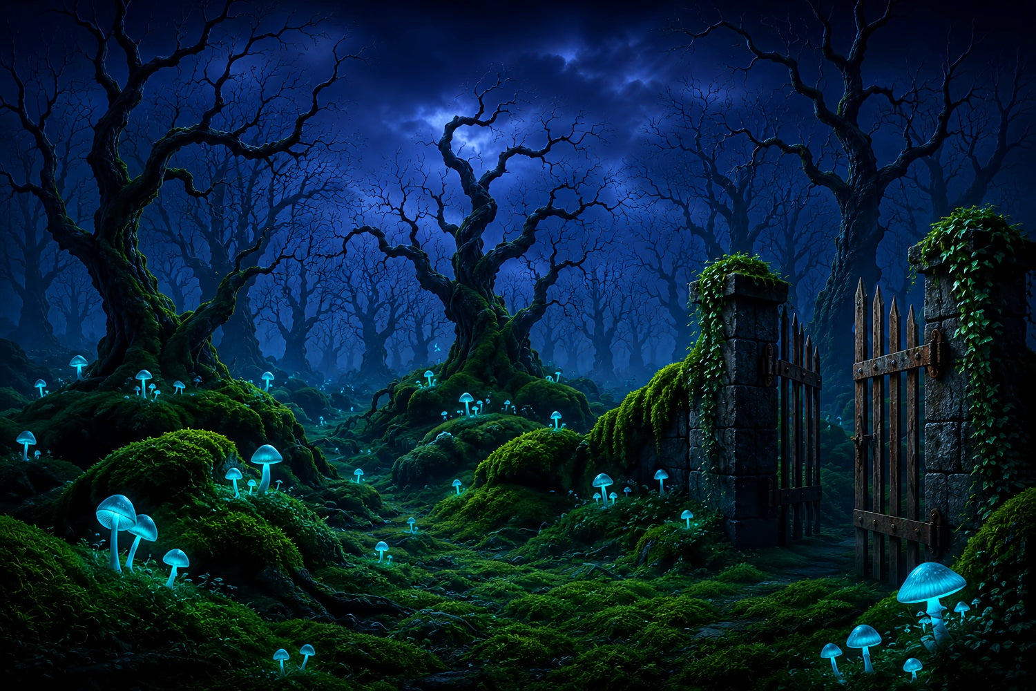 Halloween Moon Backdrop Glowing Mushroom Forest Gate Halloween Photo Backdrops UK LXX67-115