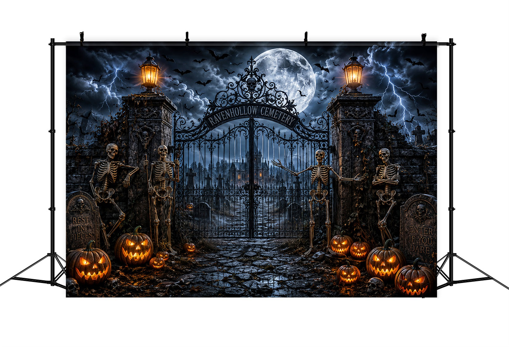 Outdoor Halloween Backdrop Stormy Skeleton Cemetery Gate Spooky Halloween Backdrop UK LXX67-116