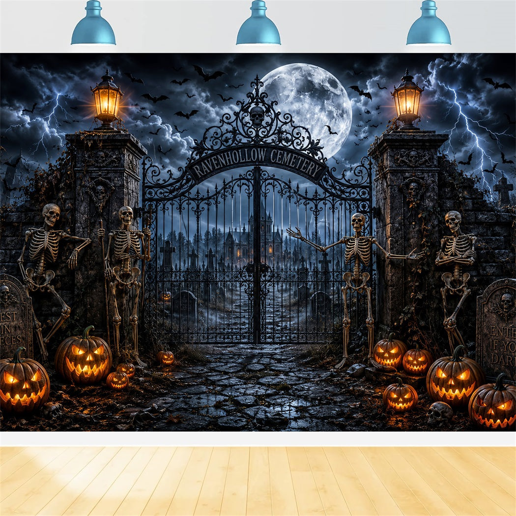 Outdoor Halloween Backdrop Stormy Skeleton Cemetery Gate Spooky Halloween Backdrop UK LXX67-116
