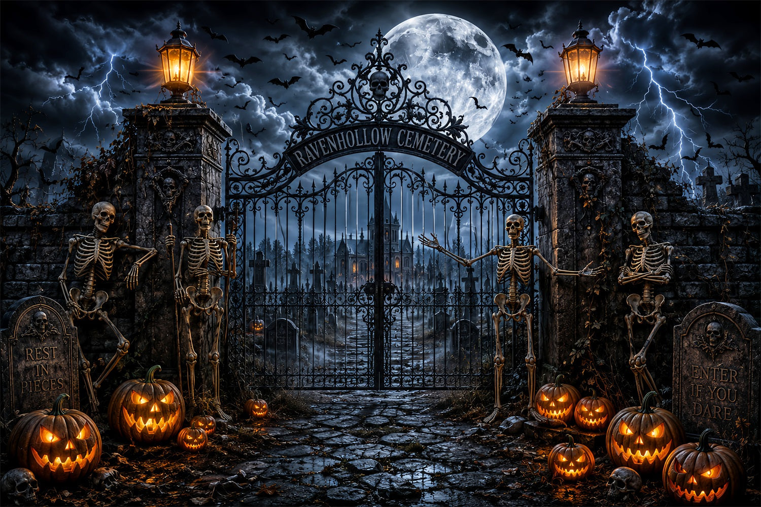 Outdoor Halloween Backdrop Stormy Skeleton Cemetery Gate Spooky Halloween Backdrop UK LXX67-116