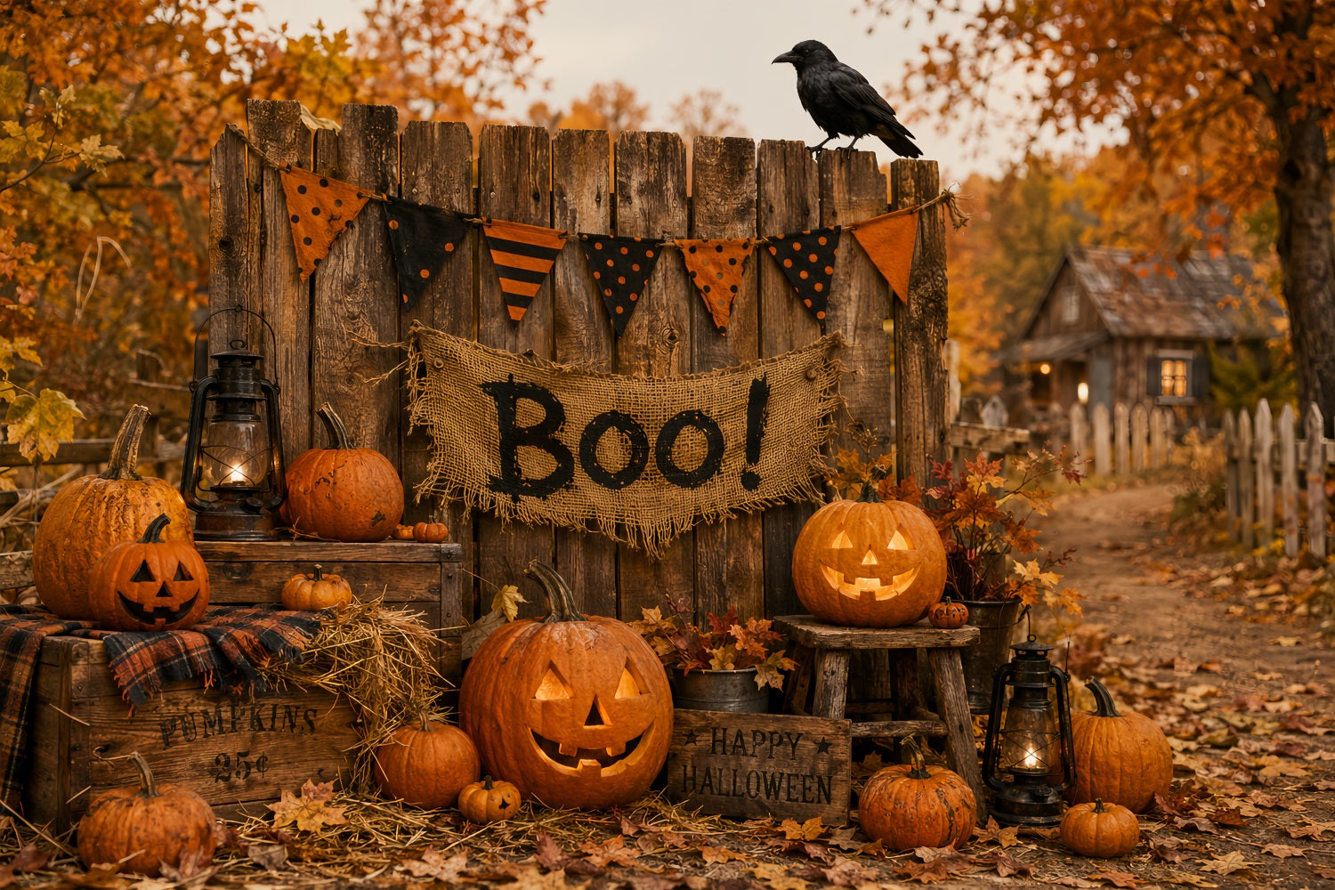 Halloween Backdrop For Photo Booth Rustic Boo Pumpkin Fence Cute Halloween Backdrop UK LXX67-118