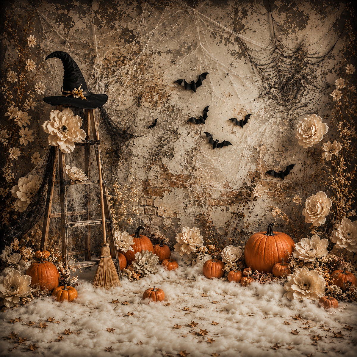 Halloween Pumpkin Backdrop Boho Witch Floral Pumpkins Halloween Photo Backdrop Ideas UK LXX67-119