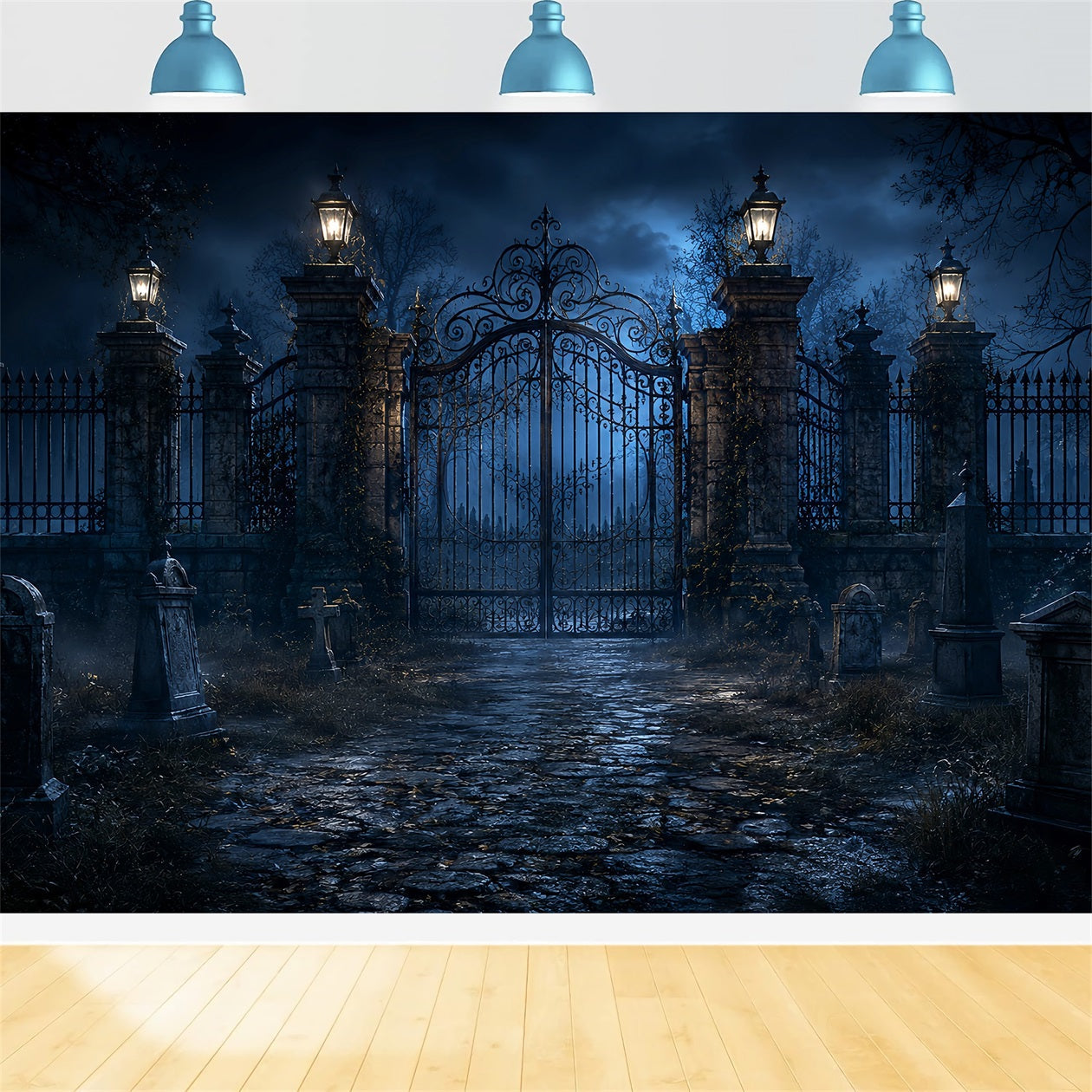 Halloween Outdoor Backdrop Moonlit Cemetery Iron Gate Halloween Backdrops For Photos UK LXX67-120