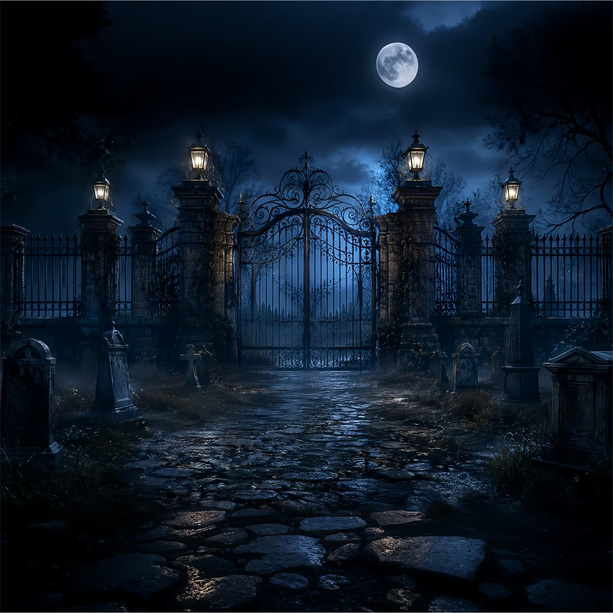 Halloween Outdoor Backdrop Moonlit Cemetery Iron Gate Halloween Backdrops For Photos UK LXX67-120