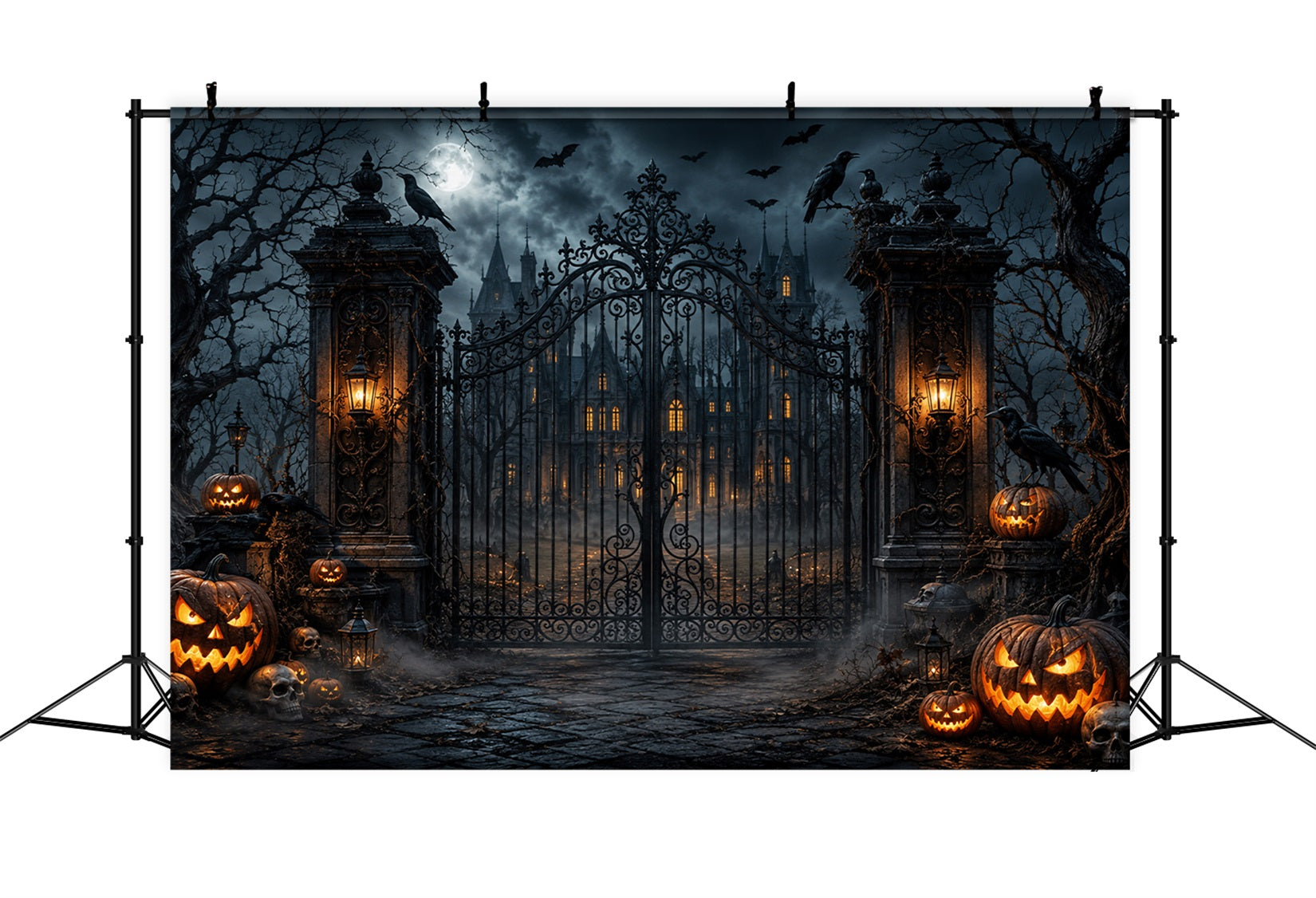 Halloween Outdoor Backdrop Gothic Mansion Pumpkin Gate Halloween Backdrops For Photos UK LXX67-121