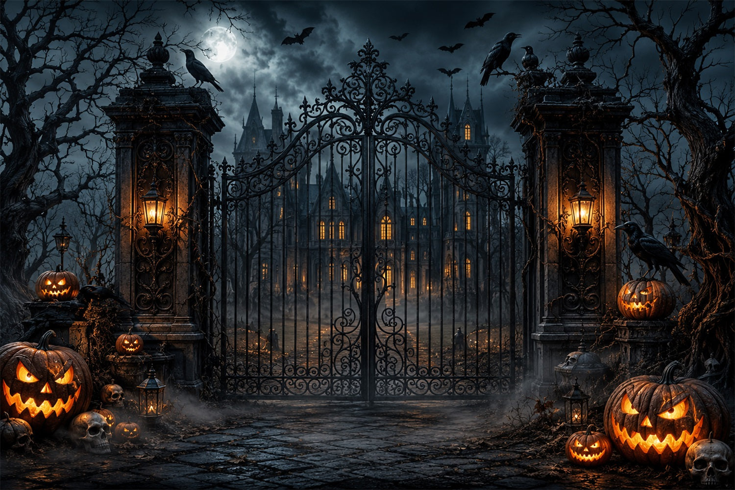Halloween Outdoor Backdrop Gothic Mansion Pumpkin Gate Halloween Backdrops For Photos UK LXX67-121