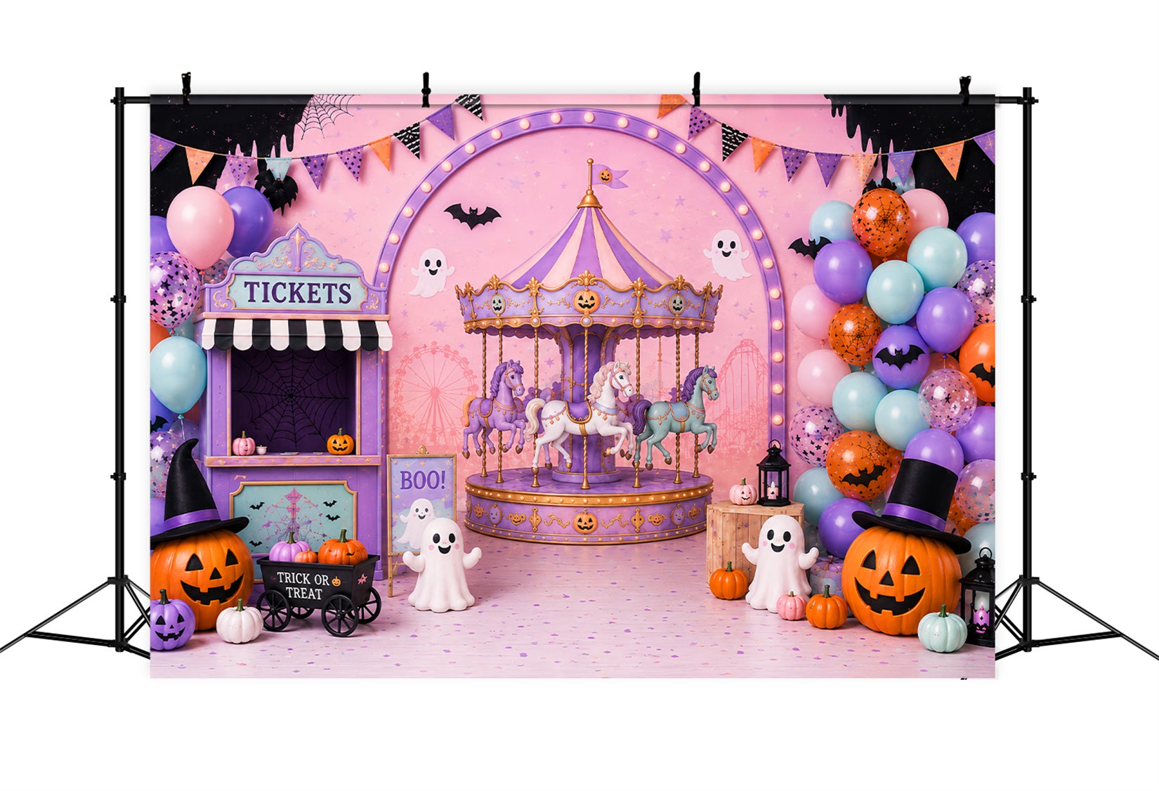 Cute Halloween Photo Backdrop Pastel Carousel Ghost Party Backdrop Halloween UK LXX67-122