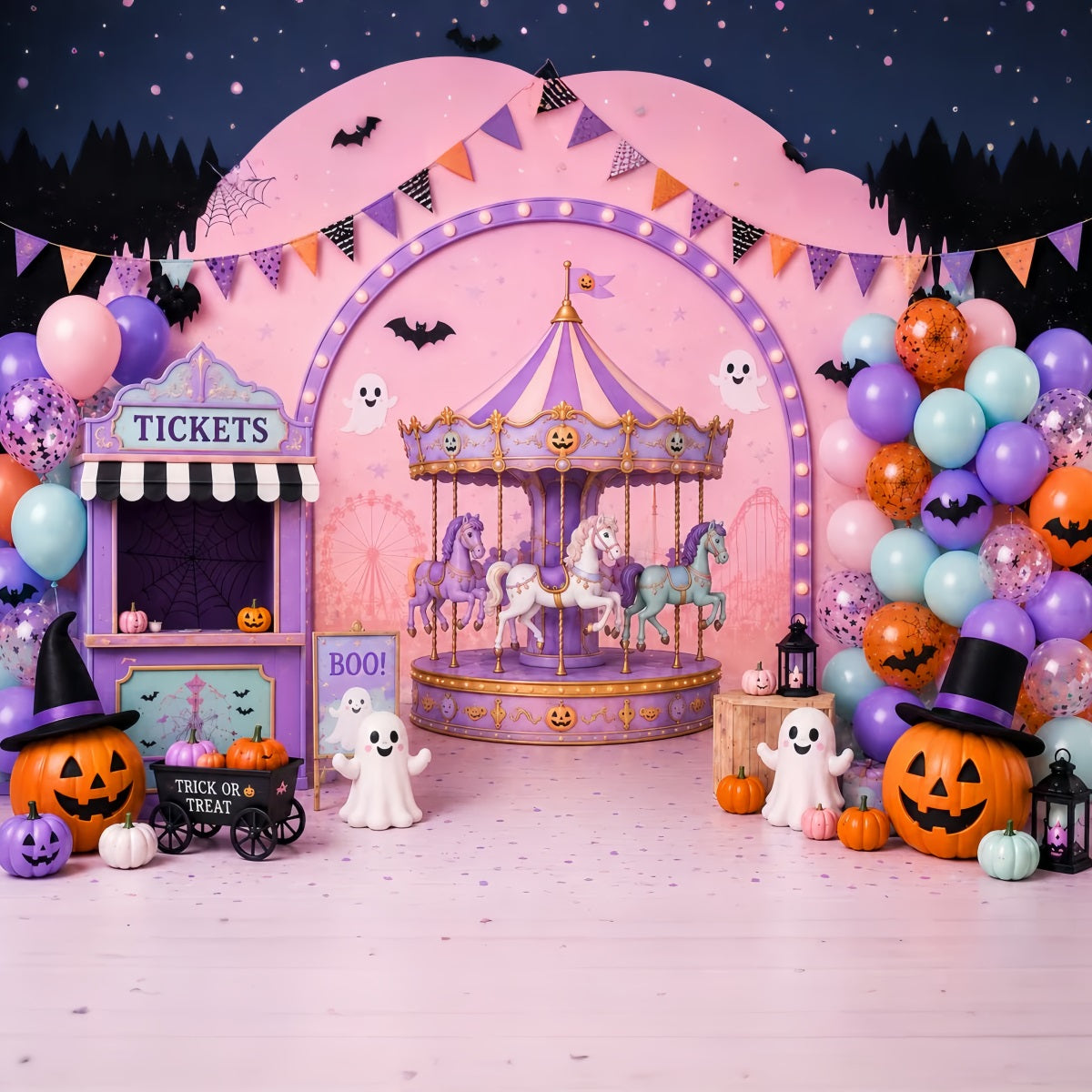 Cute Halloween Photo Backdrop Pastel Carousel Ghost Party Backdrop Halloween UK LXX67-122