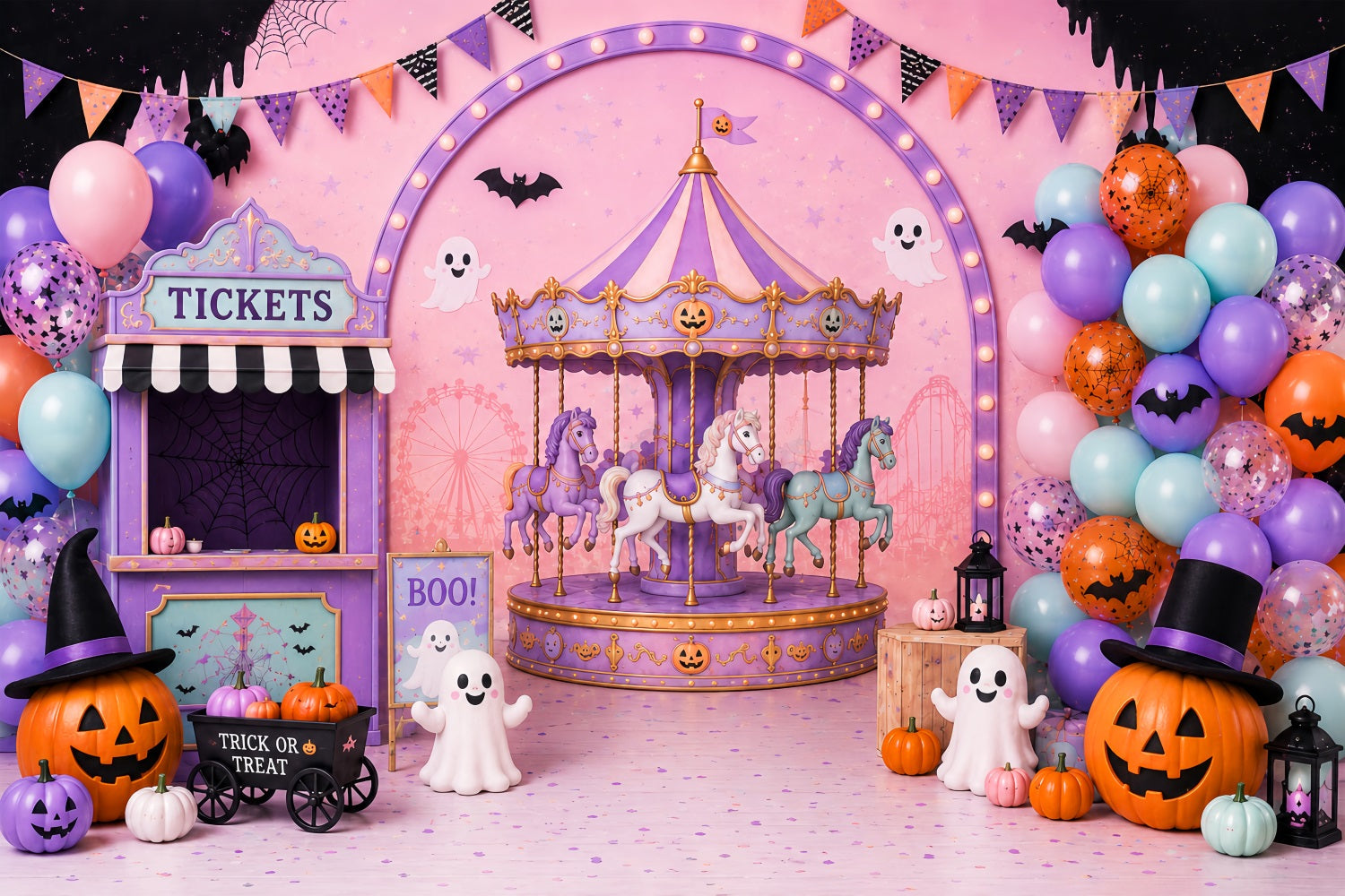 Cute Halloween Photo Backdrop Pastel Carousel Ghost Party Backdrop Halloween UK LXX67-122