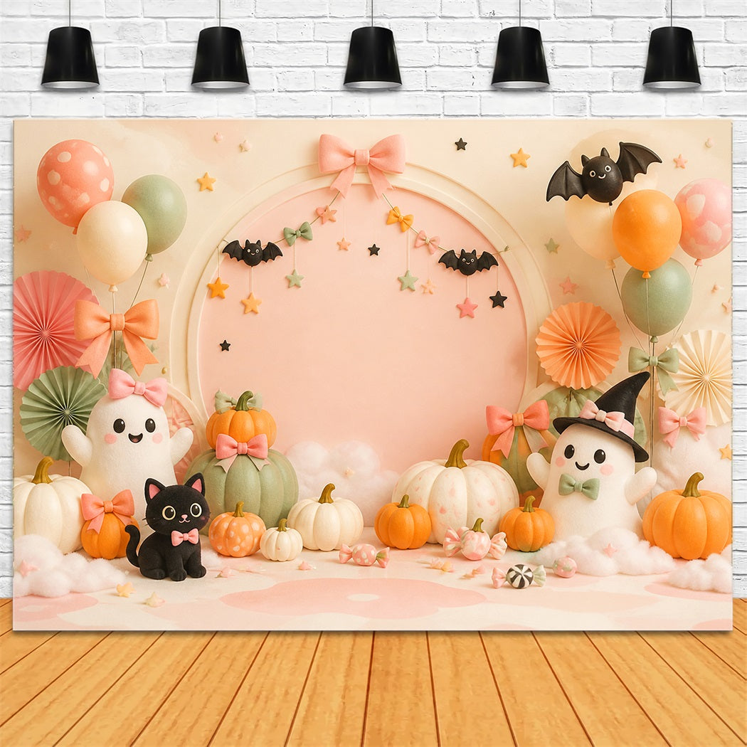 Cute Halloween Photo Backdrop Pastel Ghost Cat Pumpkins Backdrop Halloween UK LXX67-123