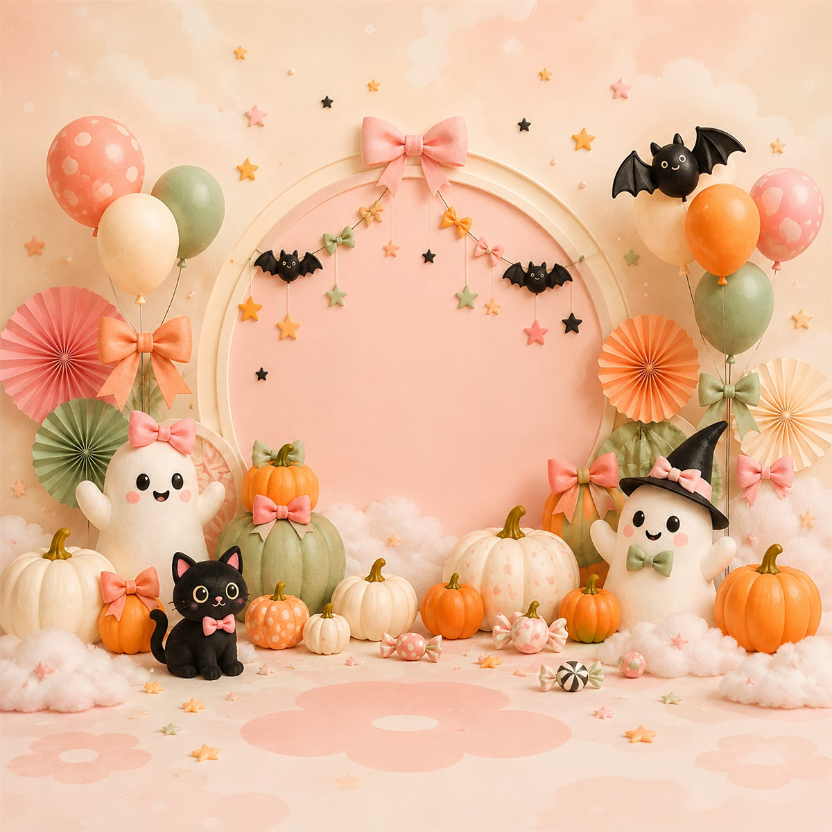 Cute Halloween Photo Backdrop Pastel Ghost Cat Pumpkins Backdrop Halloween UK LXX67-123