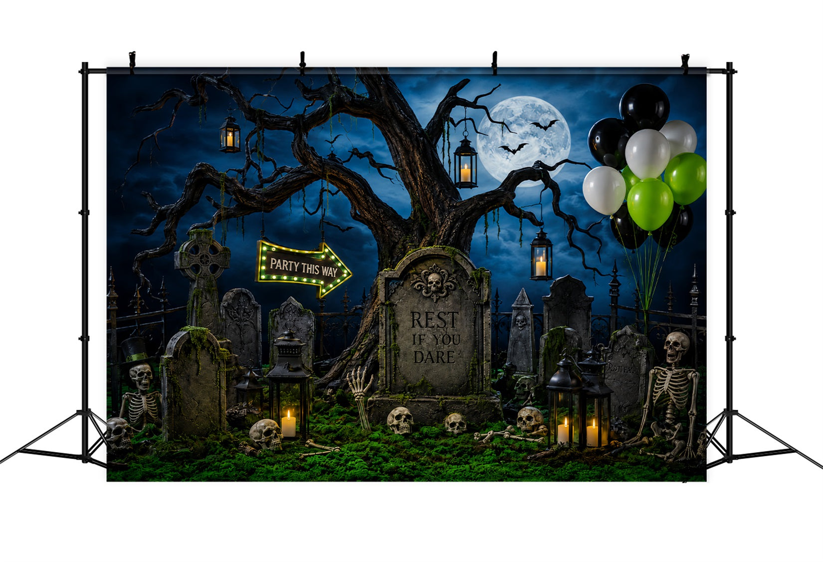 Custom Halloween Backdrop Moonlit Graveyard Skeleton Party Halloween Graveyard Backdrop UK LXX67-124