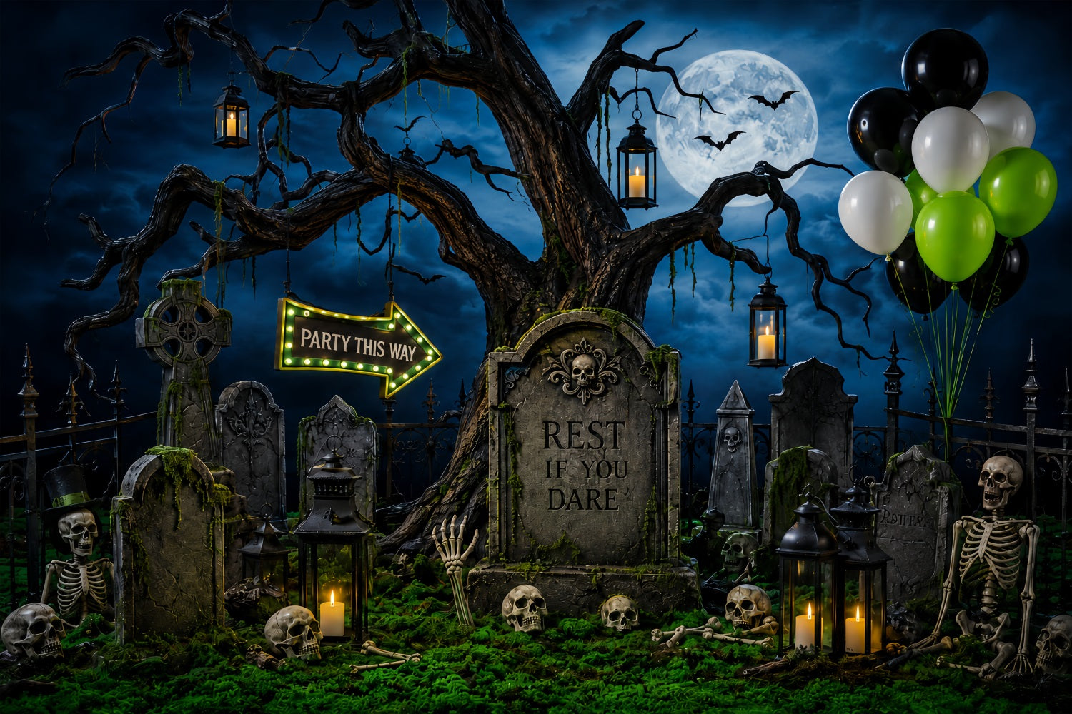 Custom Halloween Backdrop Moonlit Graveyard Skeleton Party Halloween Graveyard Backdrop UK LXX67-124