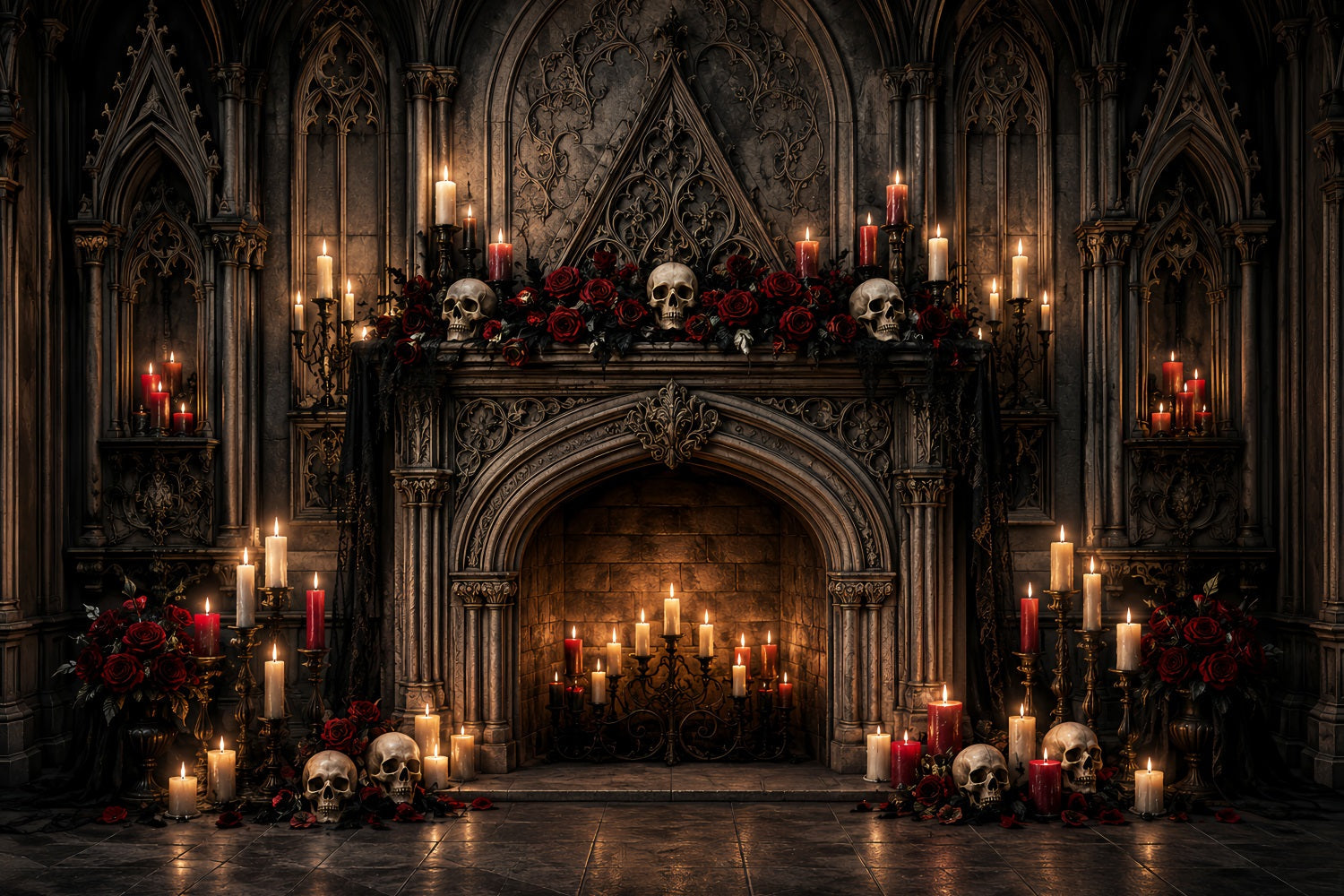 Photo Booth Halloween Backdrop Ideas Gothic Skull Candle Fireplace Halloween Picture Backdrop UK LXX67-125