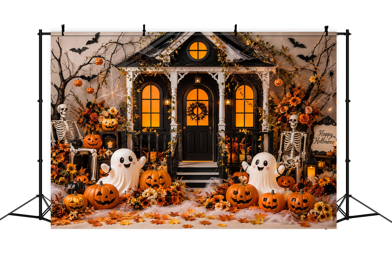 Fall Halloween Backdrop Cute Ghost Pumpkin Porch Scary Halloween Backdrops UK LXX67-127