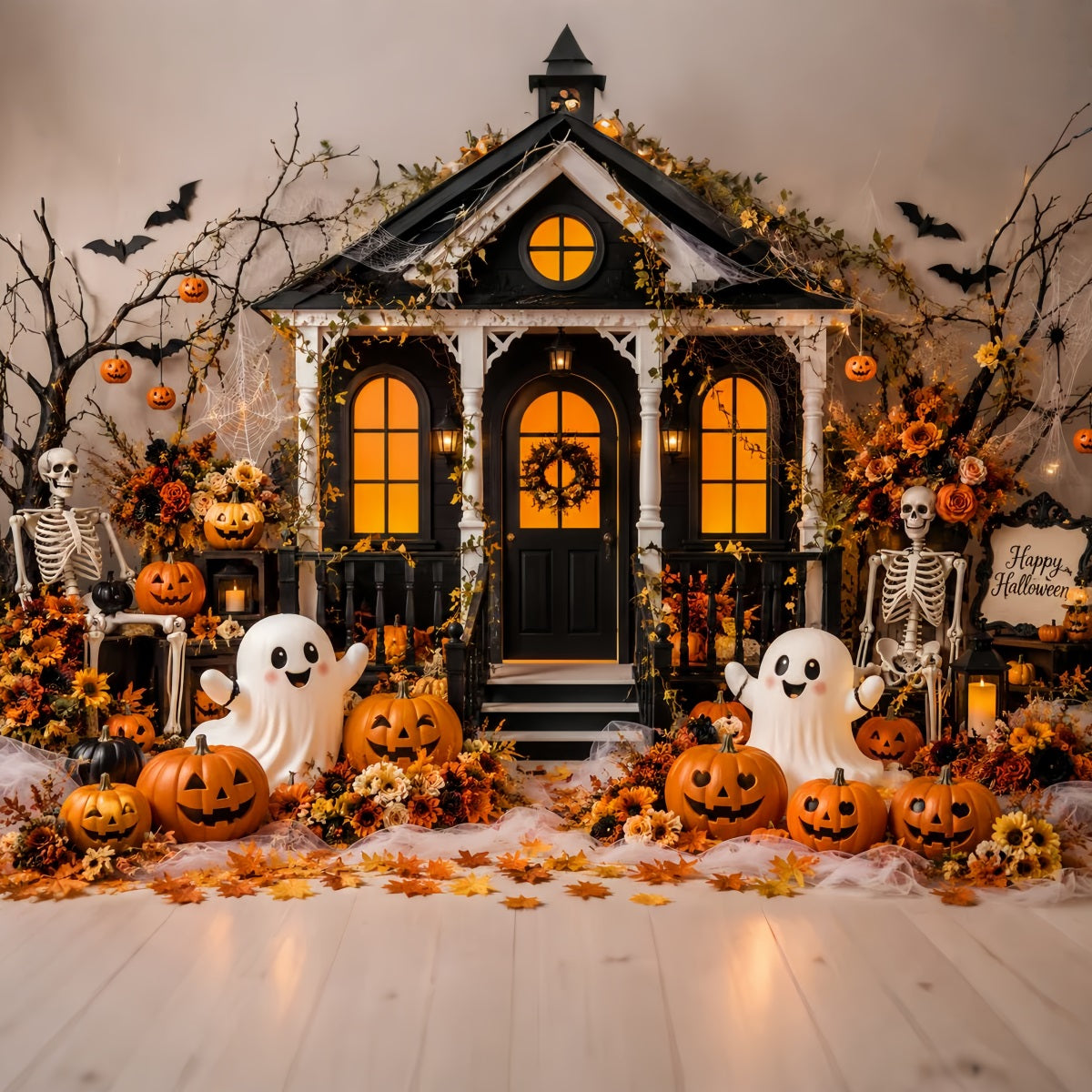 Fall Halloween Backdrop Cute Ghost Pumpkin Porch Scary Halloween Backdrops UK LXX67-127