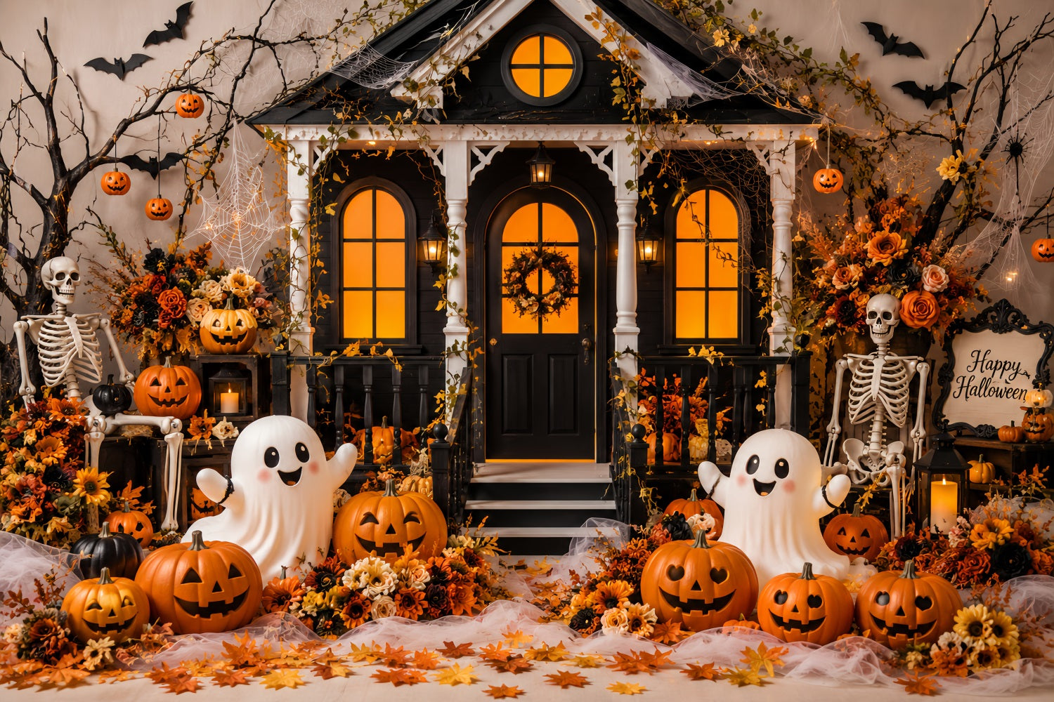 Fall Halloween Backdrop Cute Ghost Pumpkin Porch Scary Halloween Backdrops UK LXX67-127