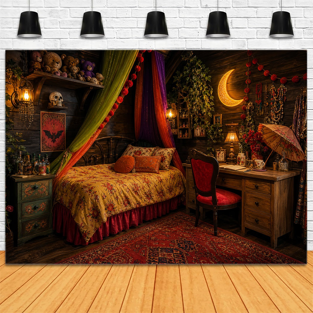 Cute Halloween Photo Backdrop Bohemian Witch Bedroom Moonlight Backdrop Halloween UK LXX67-13