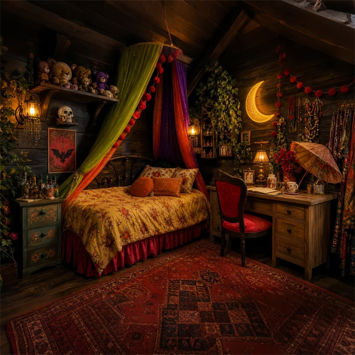 Cute Halloween Photo Backdrop Bohemian Witch Bedroom Moonlight Backdrop Halloween UK LXX67-13